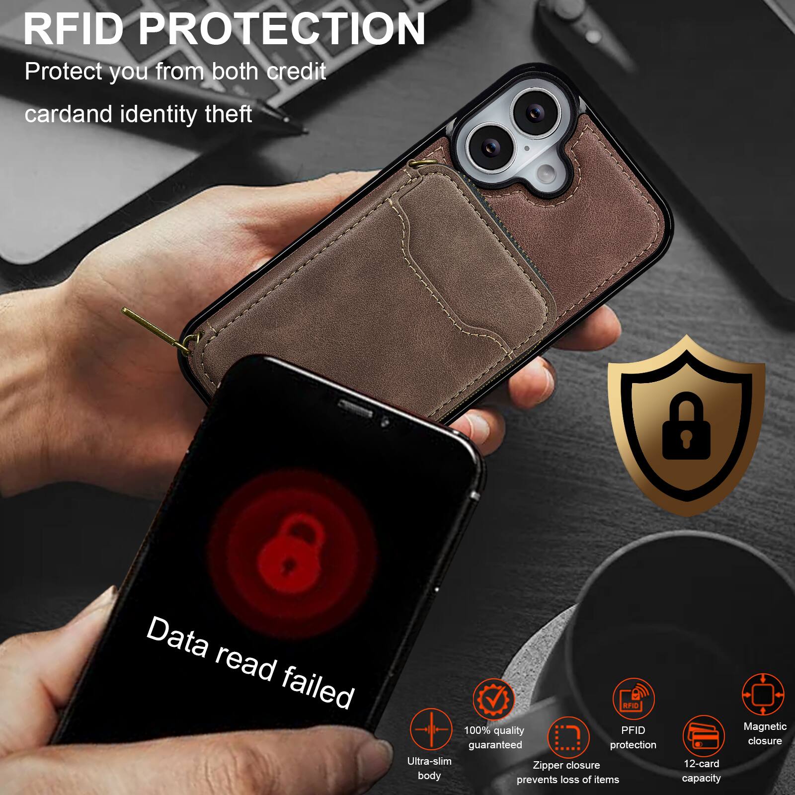 RFID PROTECTION  
Protect you from both credit card and identity theft  

Data read failed  

100% quality guaranteed protection  
Ultra-slim closure  
Zipper body prevents loss of items  
Magnetic closure  
12-card capacity  

RFID PROTECTION  
Protect you from both credit card and identity theft