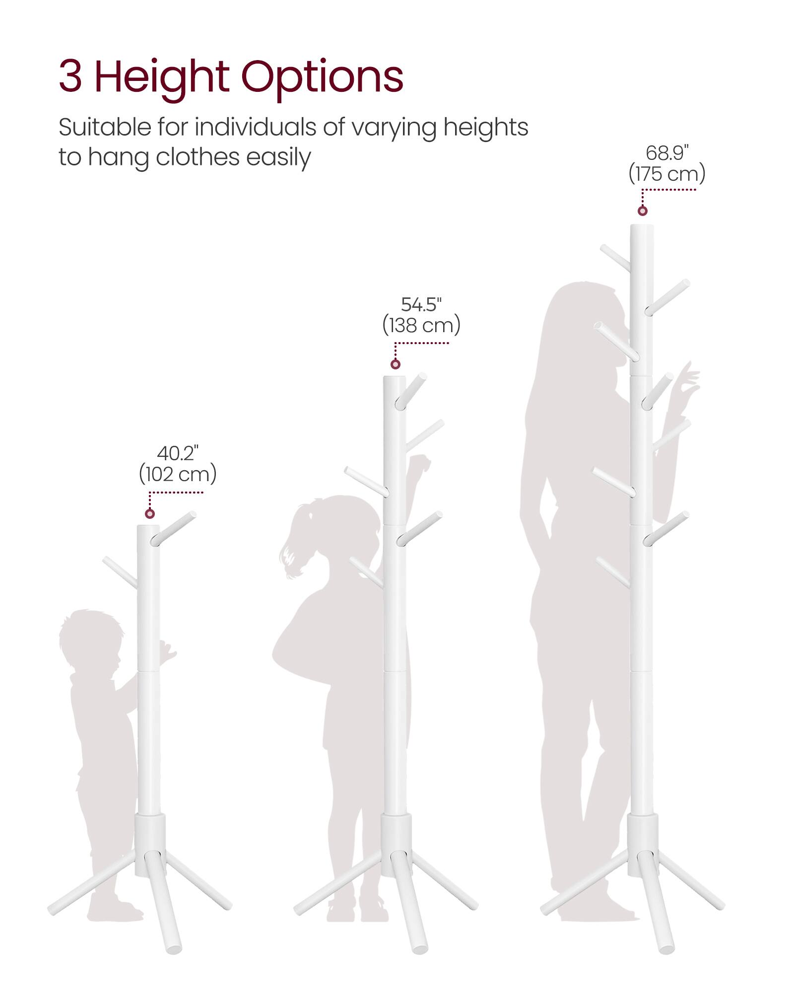 3 Height Options  
Suitable for individuals of varying heights to hang clothes easily  

68.9" (175 cm)  
54.5" (138 cm)  
40.2" (102 cm)