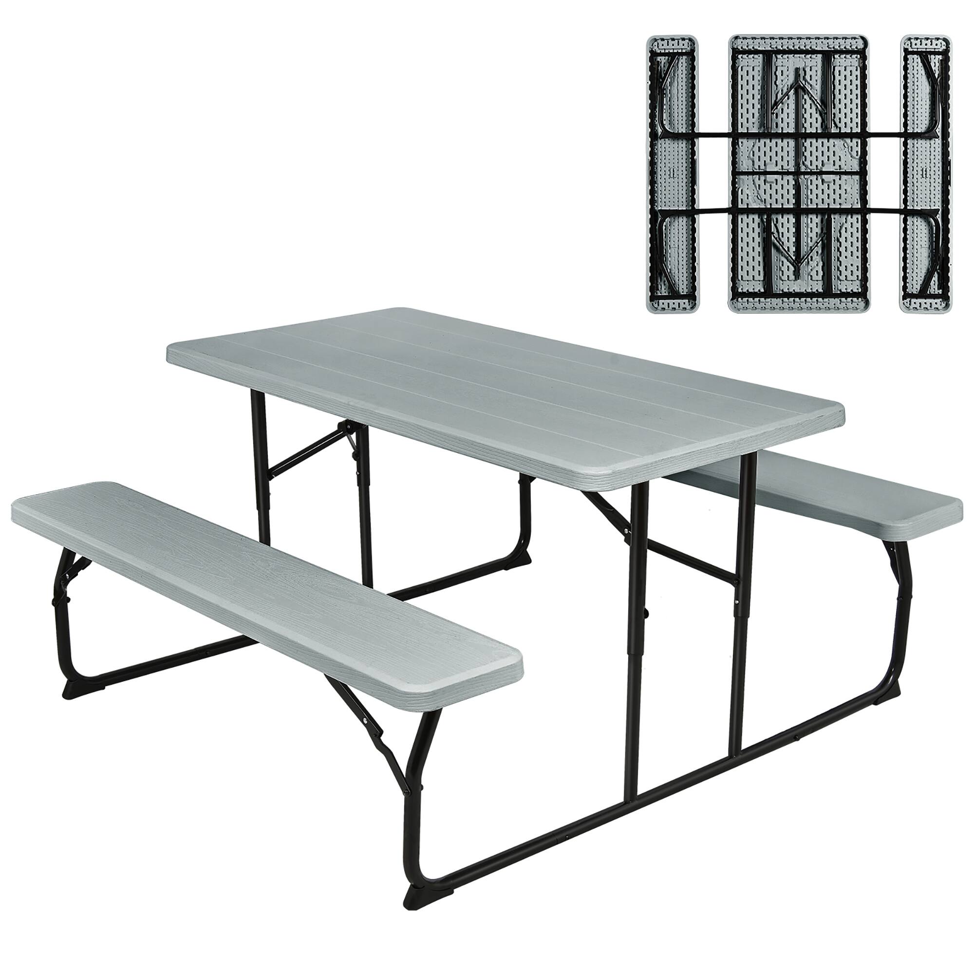 Costway - Indoor & Outdoor Folding Picnic Table Bench Set w/ Wood-like Texture - Gray