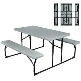 Costway - Indoor & Outdoor Folding Picnic Table Bench Set w/ Wood-like Texture - Gray