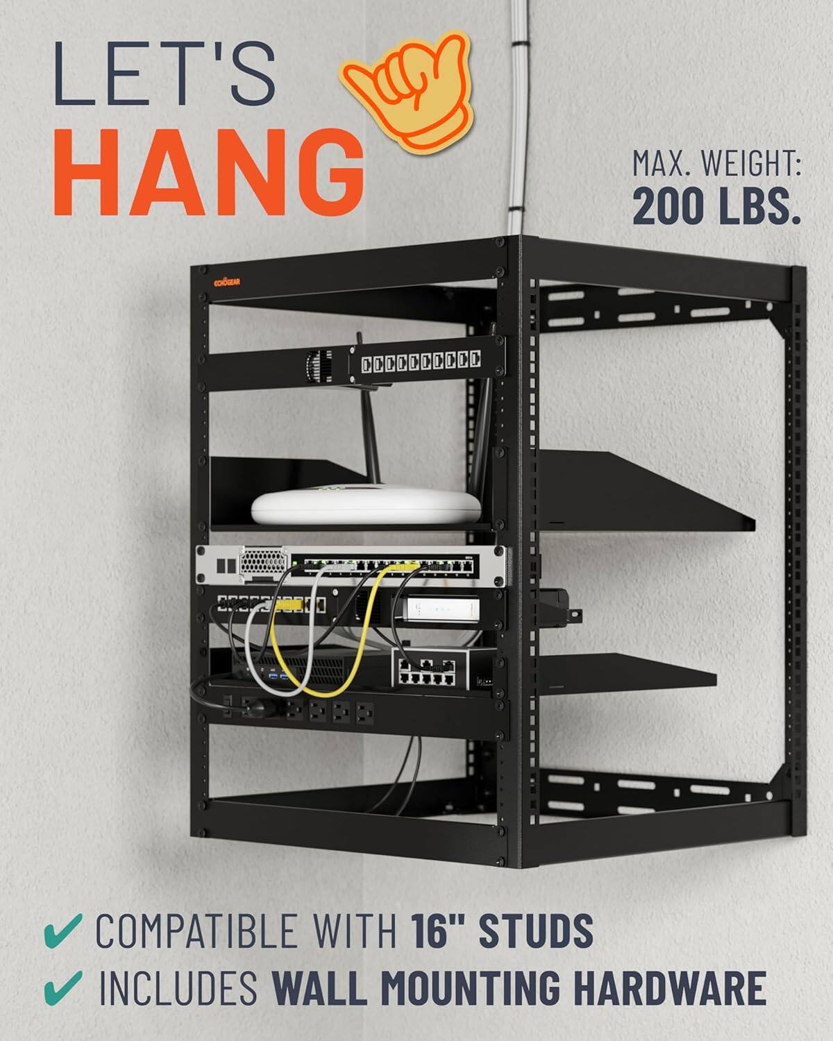 LET'S HANG

MAX. WEIGHT: 200 LBS.

COMPATIBLE WITH 16" STUDS
INCLUDES WALL MOUNTING HARDWARE