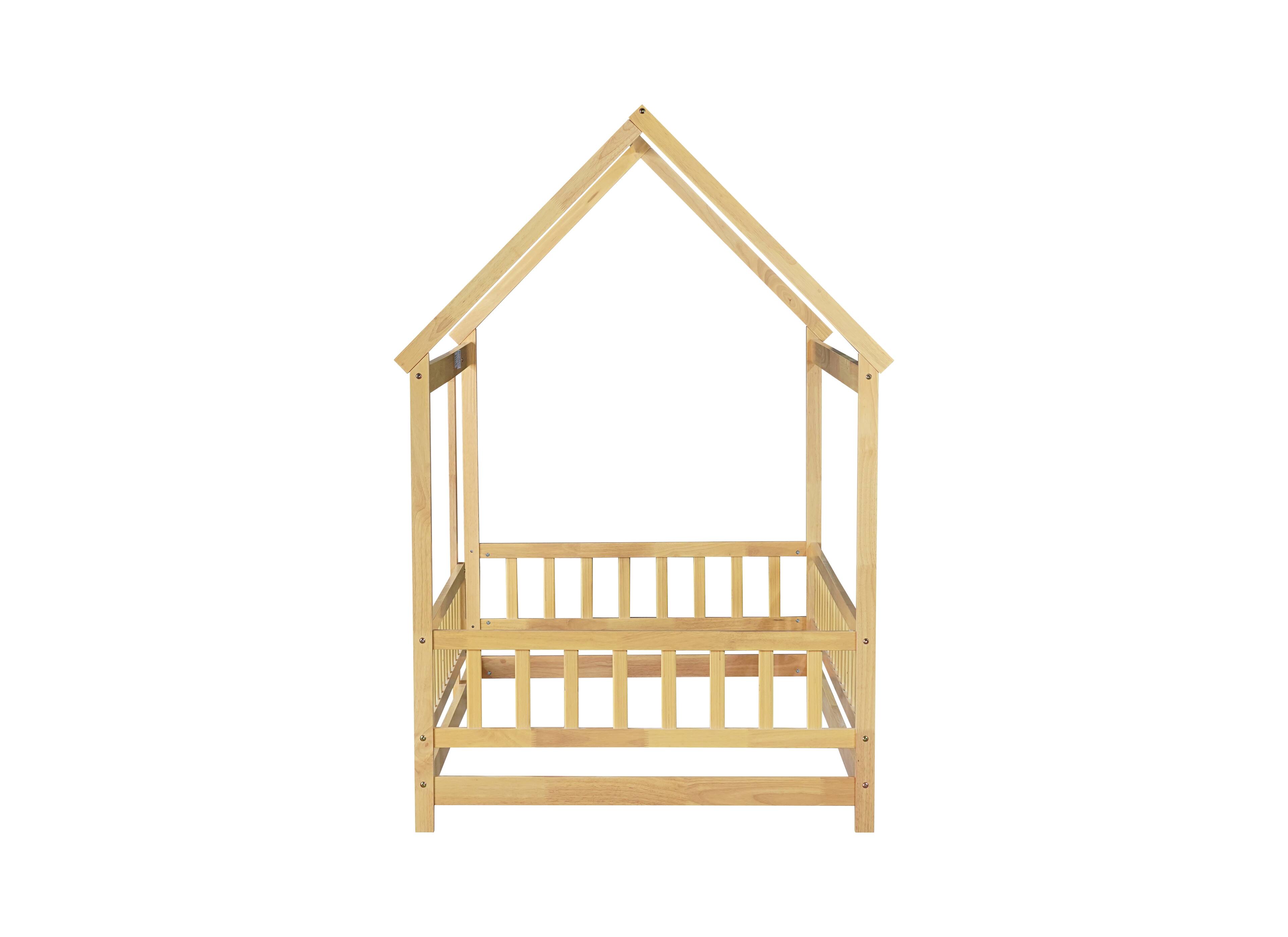 Alt View 9. Tiramisubest - Twin Size House Floor Wooden Bed with Roof Frame,Safety Guardrails,Natural - Natural.