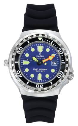 RATIO - FreeDiver Version 03 Helium Safe 1000M Quartz 1038EF102V-BLU-V03 Mens Watch Sapphire Crystal Blue Dial - Silver and black