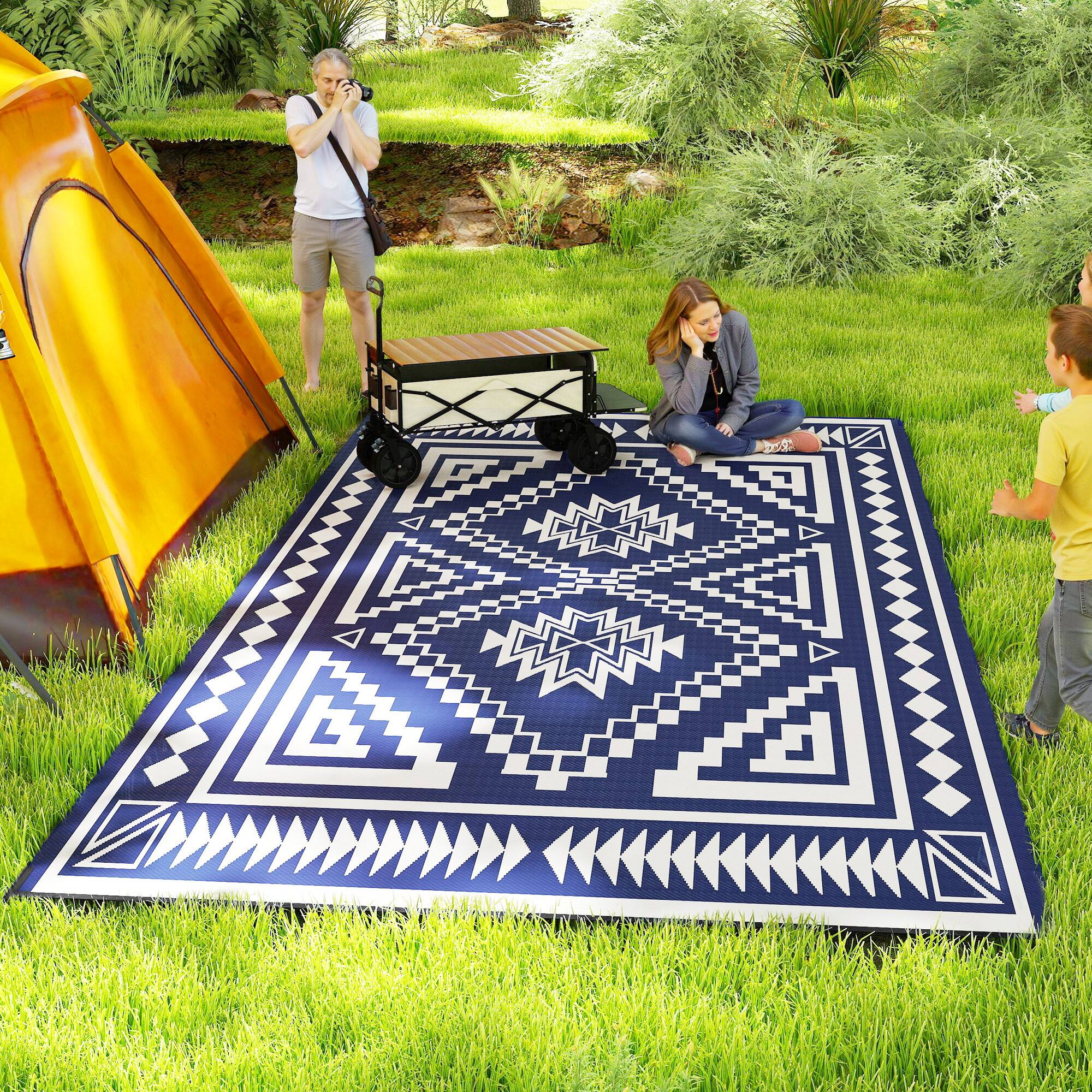 Alt View 1. Outsunny - Outdoor Rug for Patio, 9' x 18' Waterproof Large Mat, Reversible Plastic Straw Rug for Décor - Blue and White Square Patchwork.