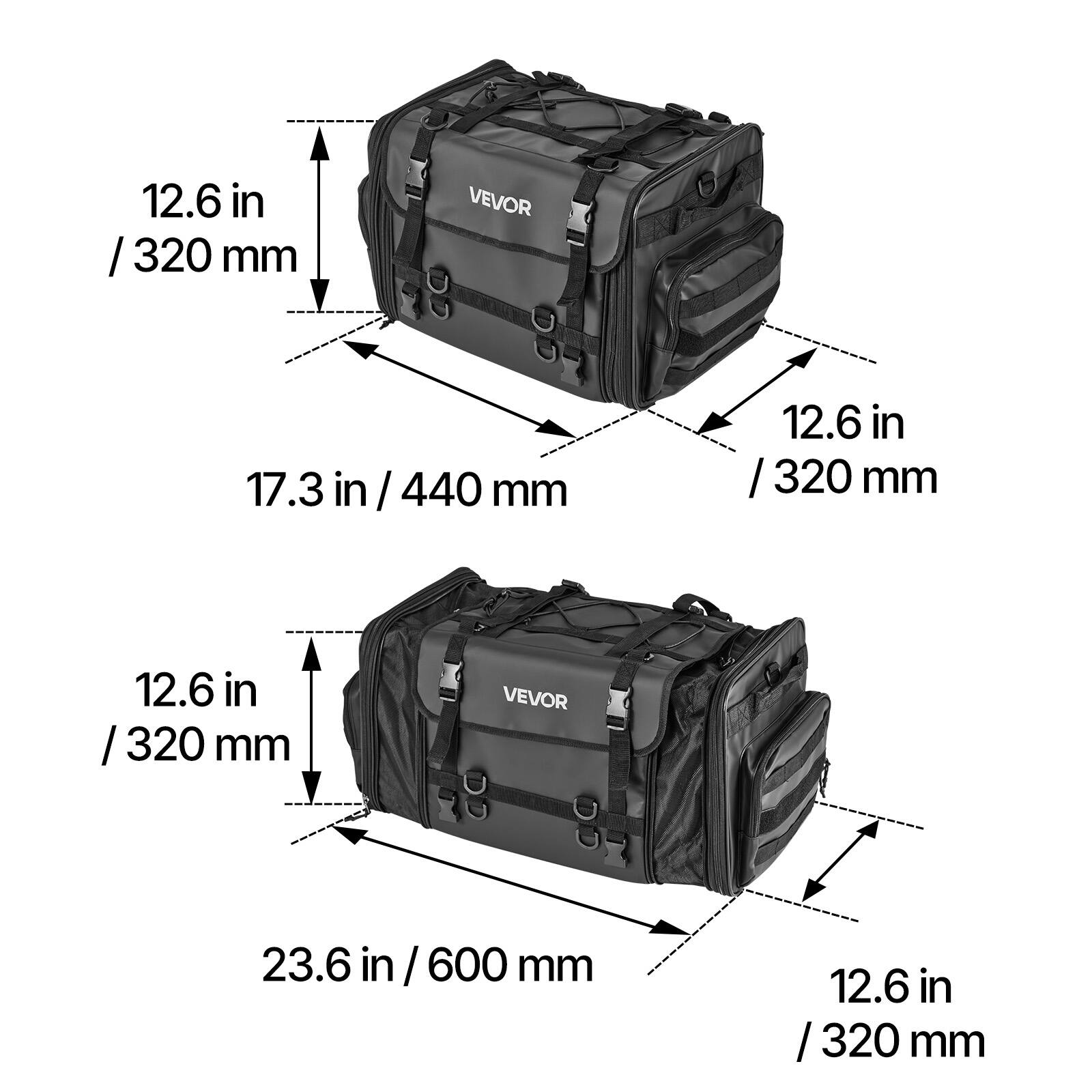 12.6 in / 320 mm  
17.3 in / 440 mm  
23.6 in / 600 mm  

VEVOR