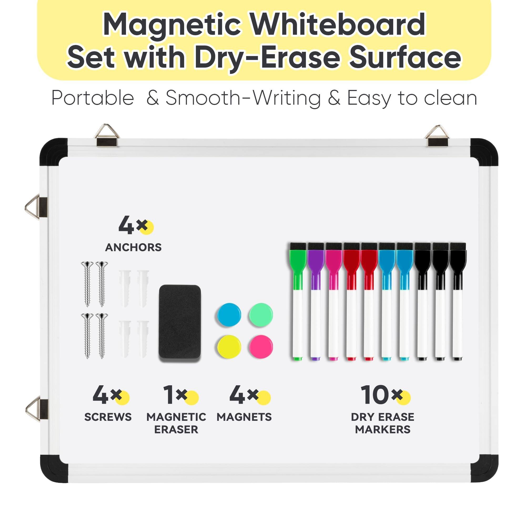 Magnetic Whiteboard Set with Dry-Erase Surface Portable & Smooth-Writing & Easy to clean

4 x ANCHORS
4 x SCREWS
1 x MAGNETIC ERASER
4 x MAGNETS
10 x DRY ERASE MARKERS