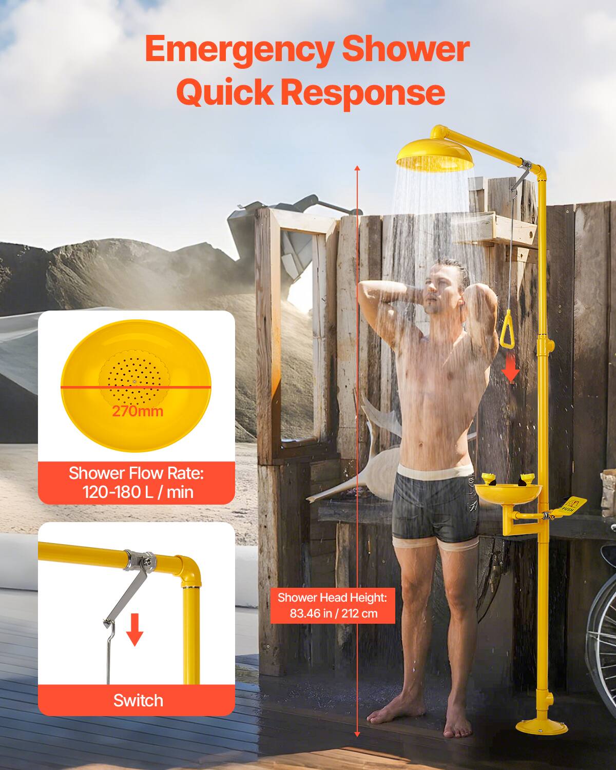 Emergency Shower Quick Response

Shower Flow Rate: 120-180 L / min

Shower Head Height: 83.46 in / 212 cm

Switch