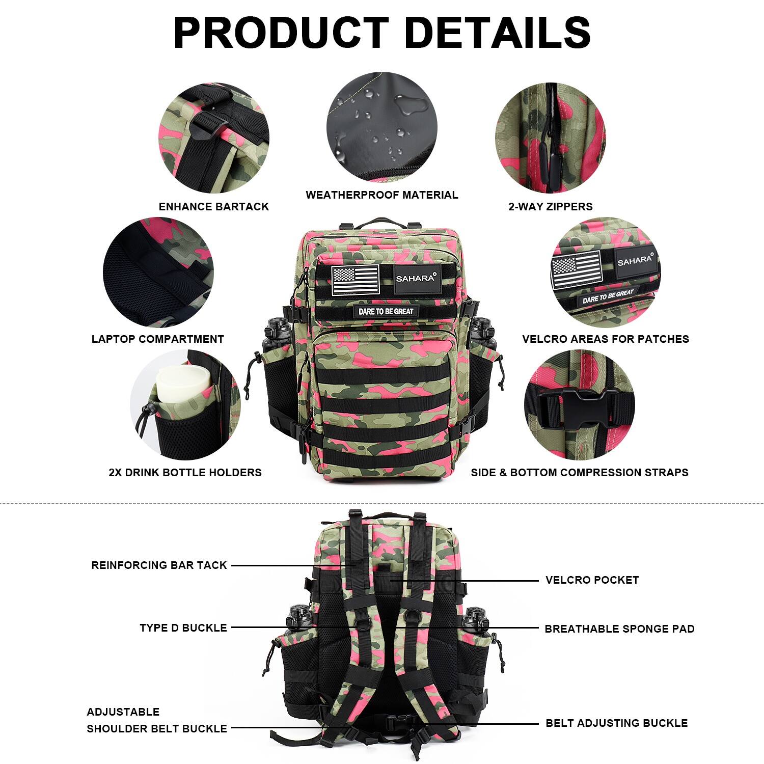 PRODUCT DETAILS:

1. Weatherproof material
2. Enhanced bartack
3. 2-way zippers
4. Sahara Dare to S Great Sahara
5. Laptop compartment
6. Velcro areas for patches
7. 2x drink bottle holders
8. Side & bottom compression straps
9. Reinforcing bar tack
10. Velcro pocket
11. Type D buckle
12. Breathable sponge pad
13. Adjustable shoulder belt buckle
14. Belt adjusting buckle