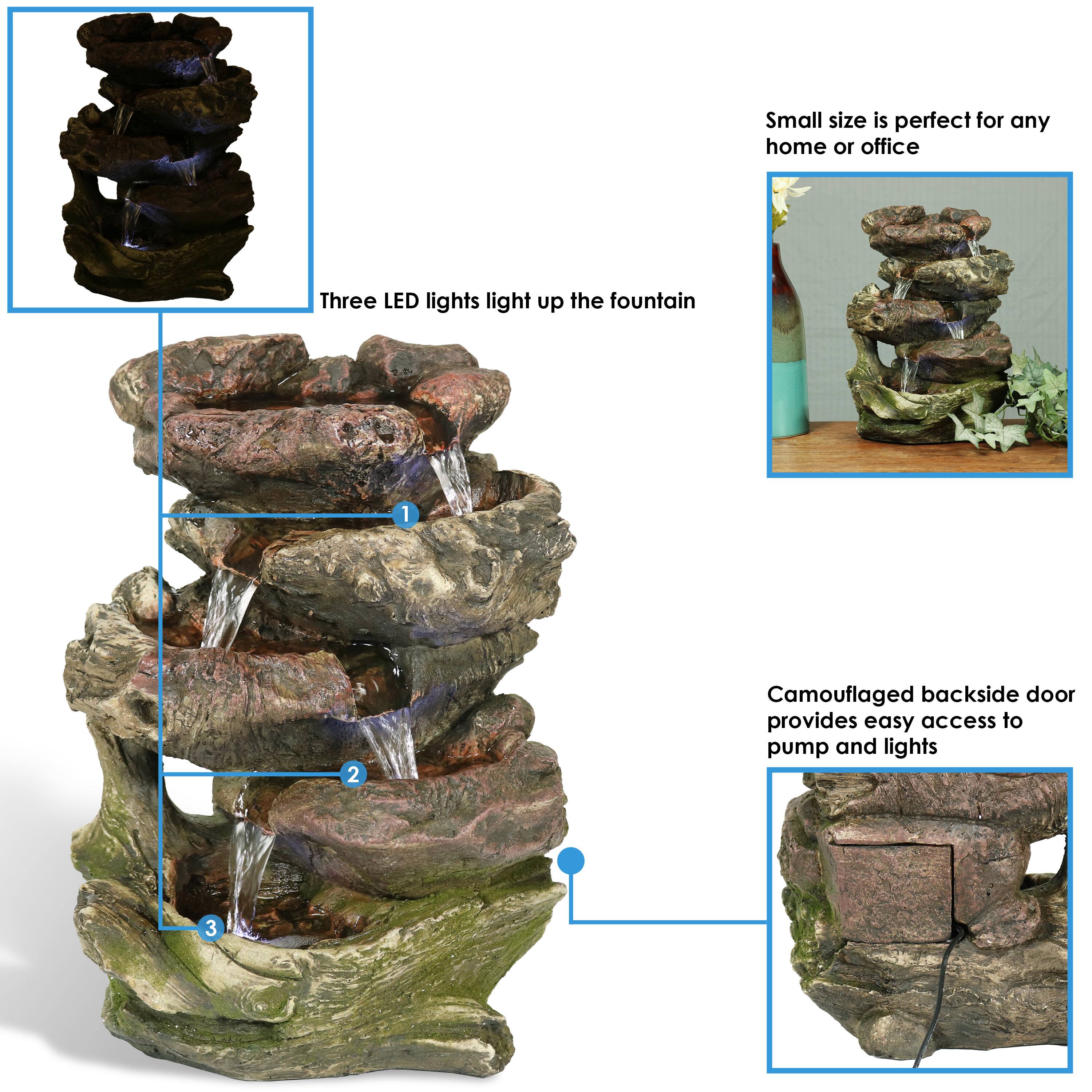 1. Small size is perfect for any home or office
2. Three LED lights light up the fountain
3. Camouflaged backside door provides easy access to pump and lights