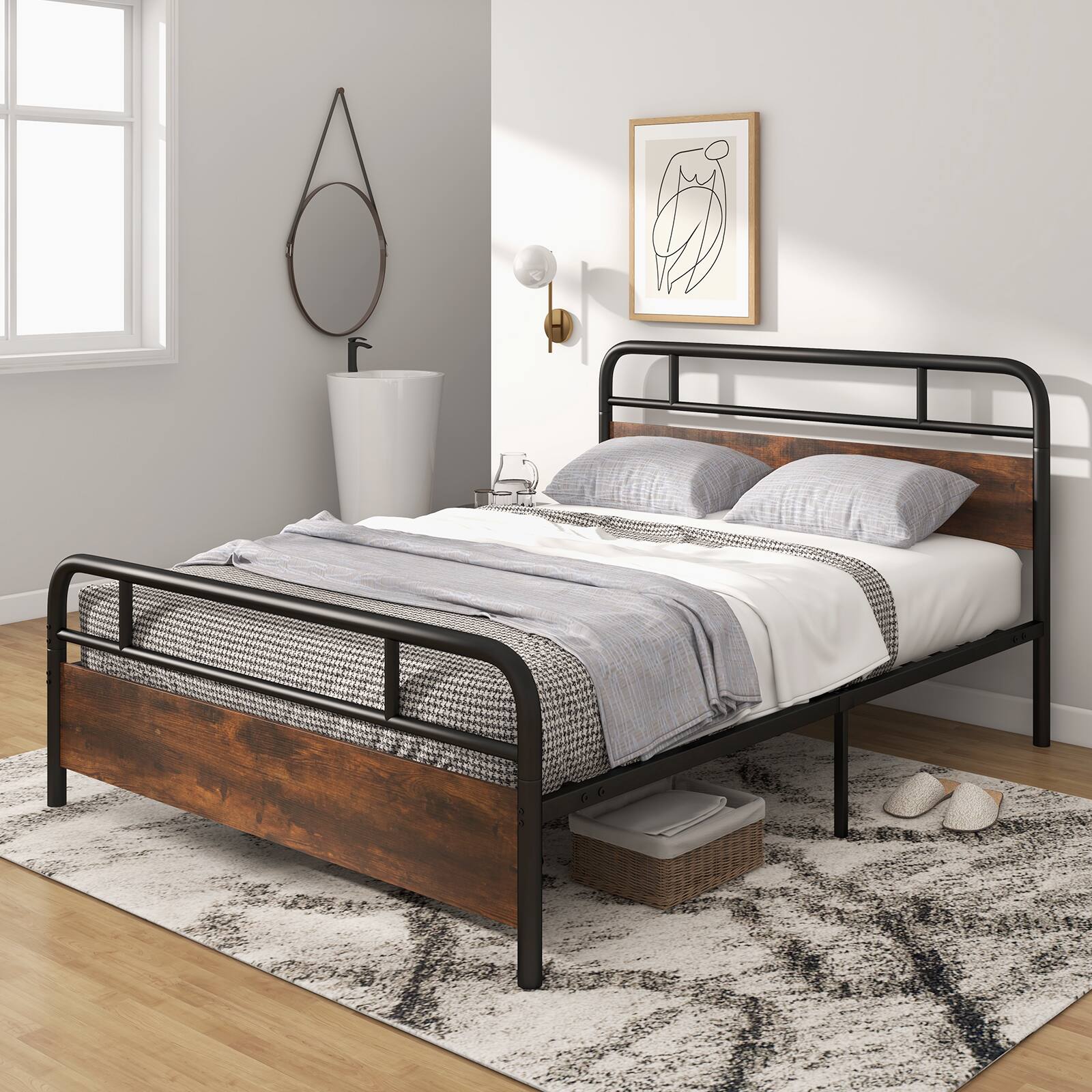 Alt View 1. Ecooso - Queen Size Bed Frame with Industrial Headboard - Brown & Black.