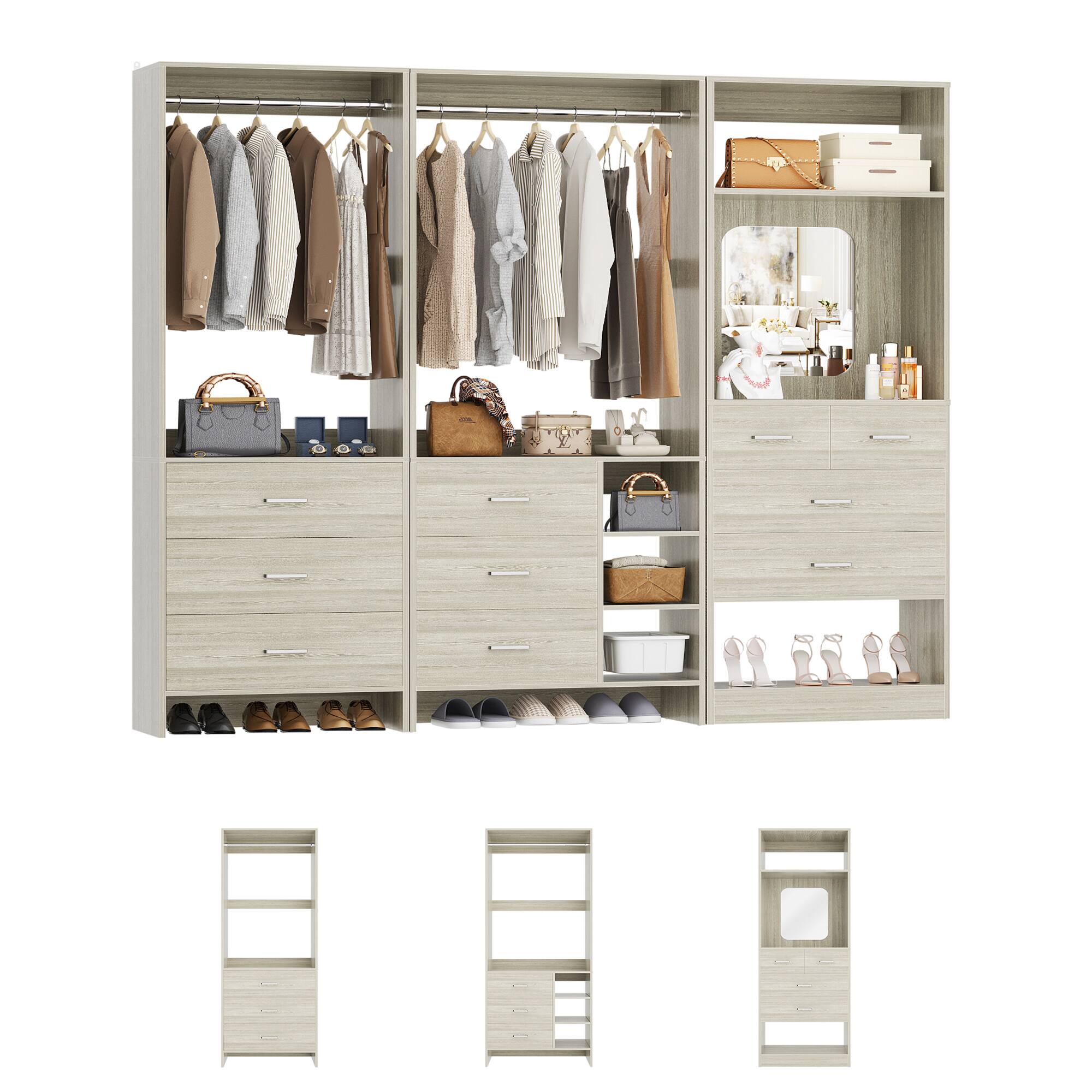 Angle. Aheaplus - 79'' Wide Closet System Set, Closet Storage & Organization Unit with 10 Drawrs & 2 Hanging Rods, 3 Packs - Beige Oak.