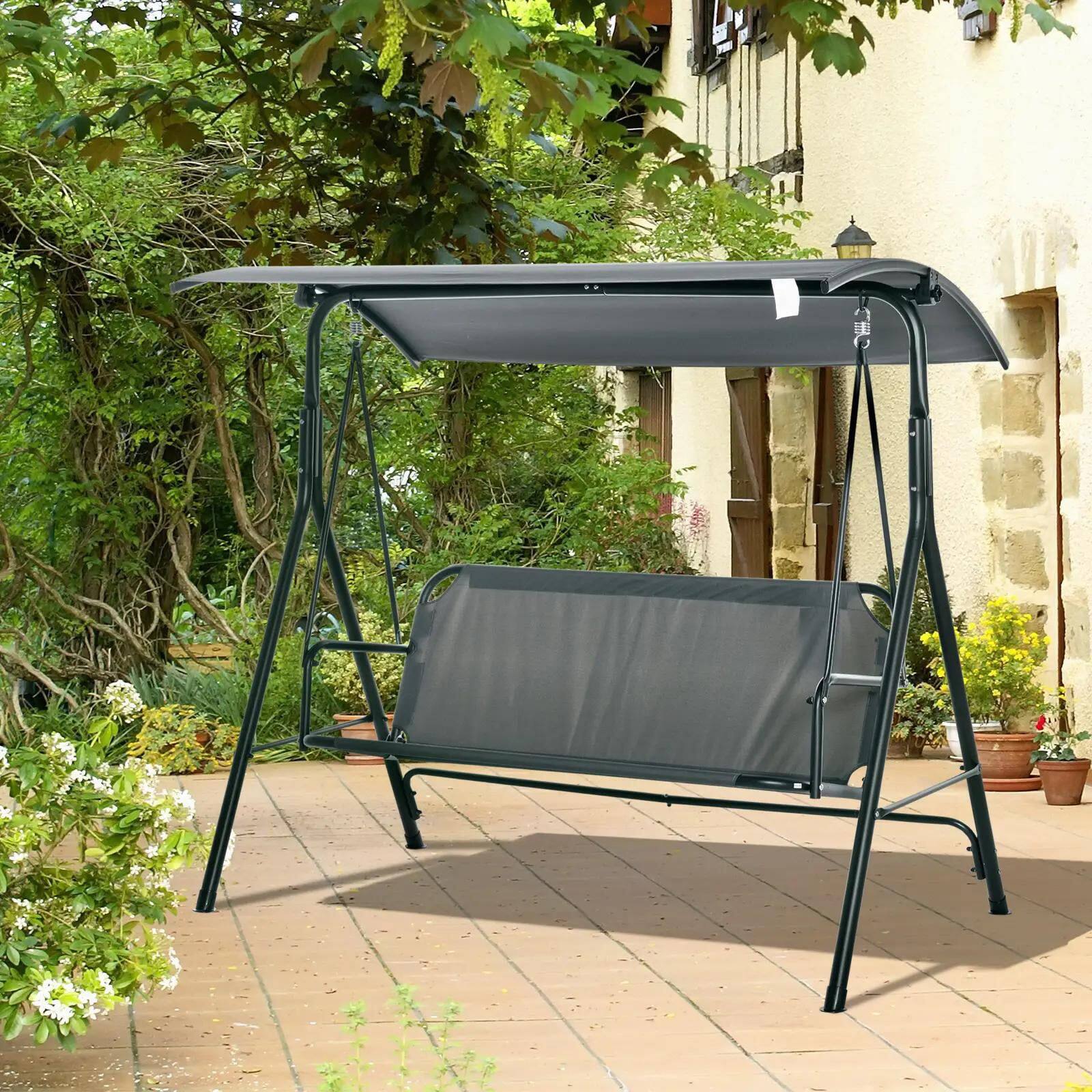 Back. Resenkos - Resenkos 3-Person Swing Set, Outdoor Patio Swing With Adjustable Canopy, Steel Frame Bench Seat, Gray.