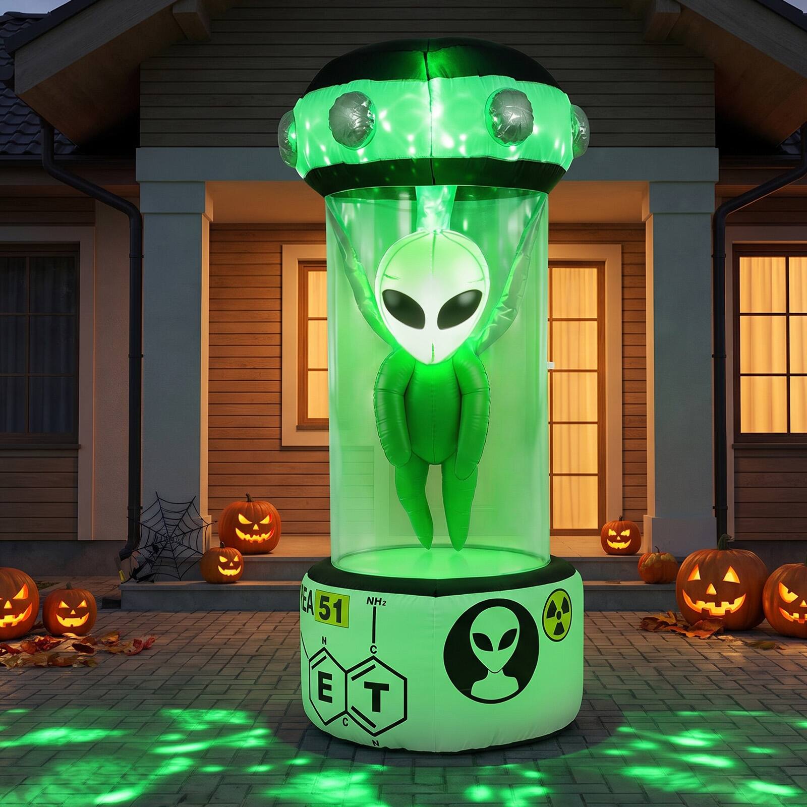 Alt View 4. Costway - Costway Halloween Blow Up Alien Outdoor Decorations with Rotating Flashing Green Lights - White + Green.
