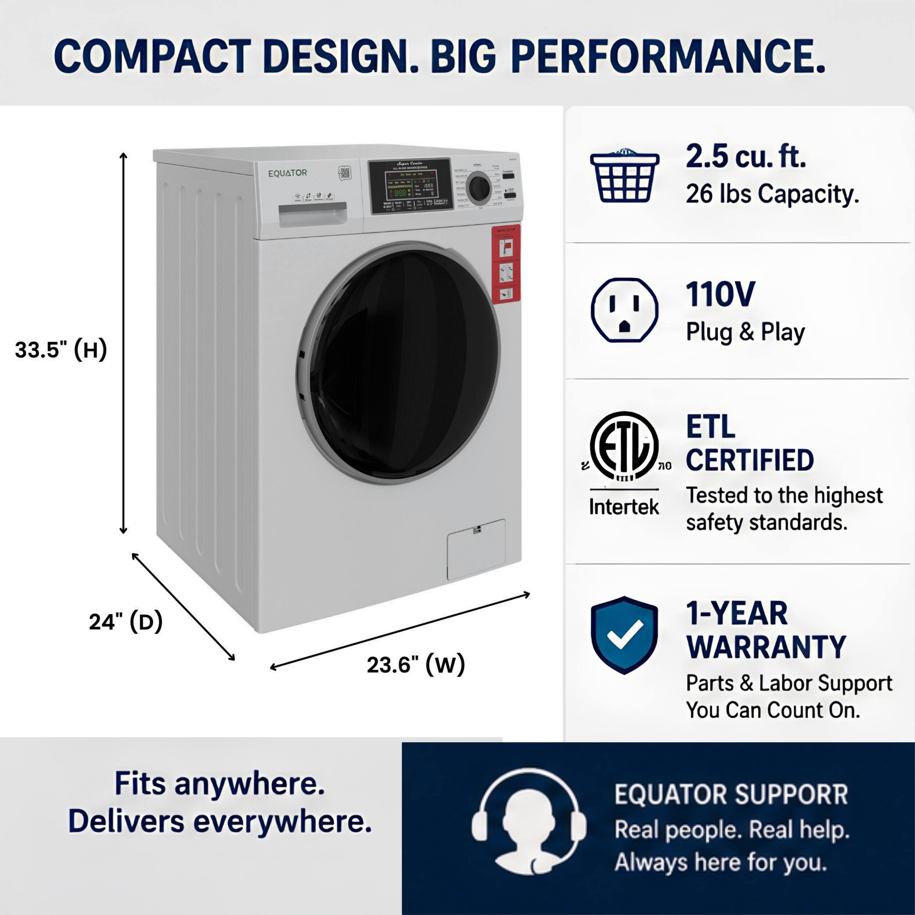 COMPACT DESIGN. BIG PERFORMANCE.  
EQUATOR  
2.5 cu. ft. 26 lbs Capacity.  
33.5" (H) 110V Plug & Play  
ETL ETD 70 CERTIFIED  
E.E Tested to the highest Intertek safety standards.  
24" (D) 23.6" (W)  
1-YEAR WARRANTY Parts & Labor Support You Can Count On.  
Fits anywhere. Delivers everywhere.  
EQUATOR SUPPORT  
Real people. Real help. Always here for you.