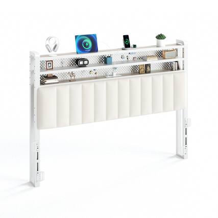 Front. Winado - Full Size Adjustable Upholstered Headboard Only with 3 Tier Shelves and Pegboard with Charging Stations and LED Lights - Linen & White.
