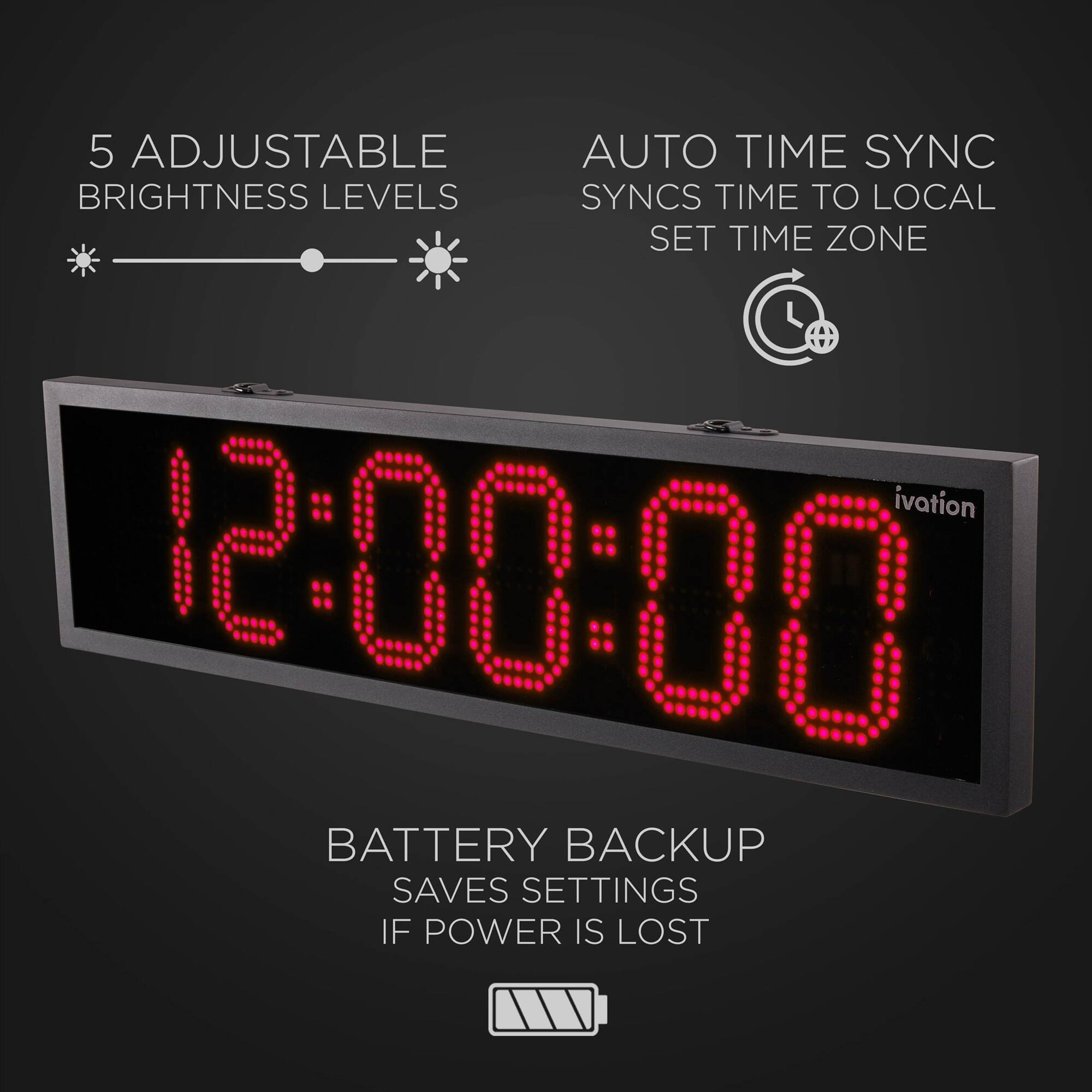 5 Adjustable Auto Time Sync Brightness Levels Syncs Time to Local Set Time Zone  
ivation 200:00  
Battery Backup Saves Settings If Power is Lost