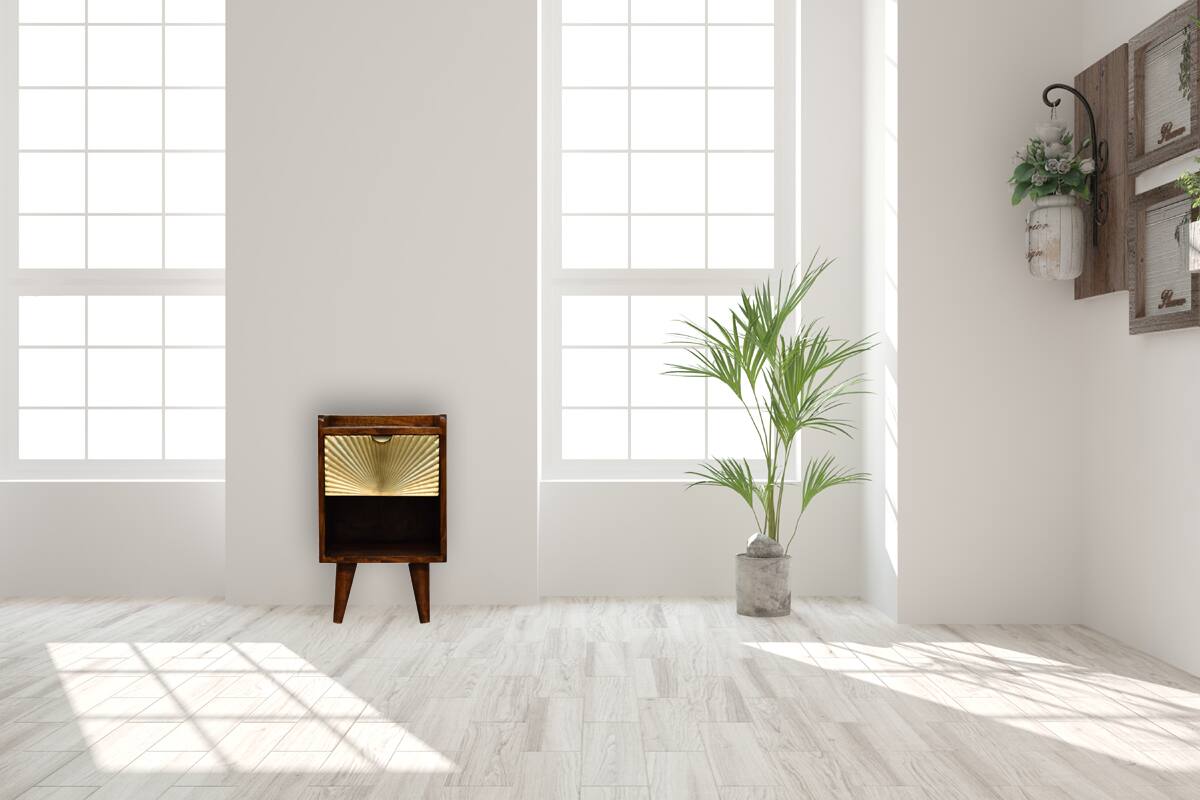 Alt View 6. Artisan Furniture - Artisan Furniture Solid Wood Mini Manila Gold Nightstand, 1 Drawer, 1 Open Slot, Nordic Legs, Dark Brown - Chestnut.