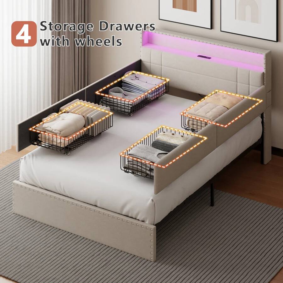 Simple Style Frame Furnulem Moden Bed Frame with Charging Station LED Lights Storage ...