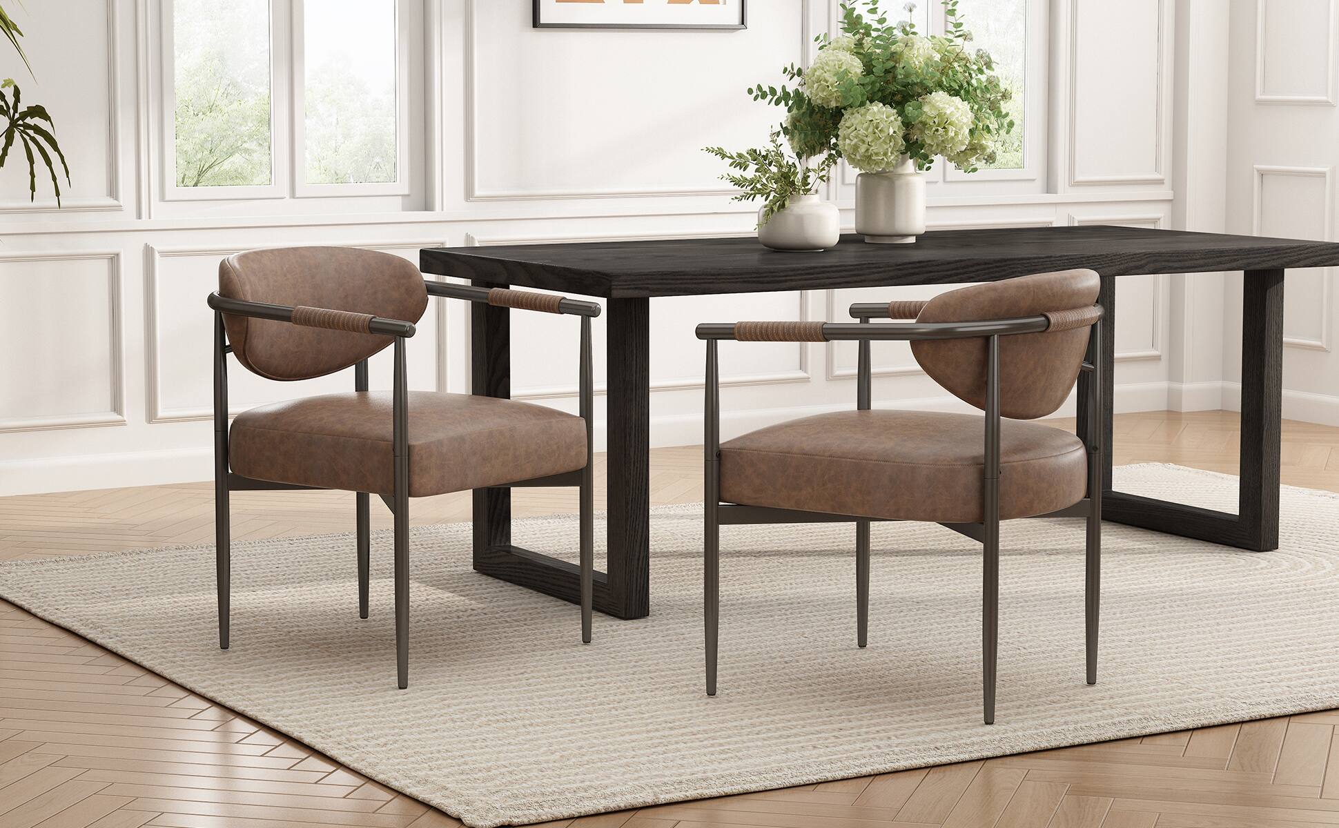 Angle. TinyHomie - Dining Chairs Set of 2 Upholstered Dining Chairs with Coffee Gold Iron Frame and PU leather backrest and seat cushions - Brown and Coffee.