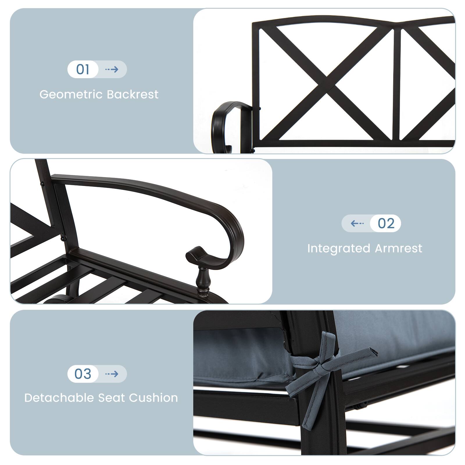 01 Geometric Backrest  
02 Integrated Armrest  
03 Detachable Seat Cushion