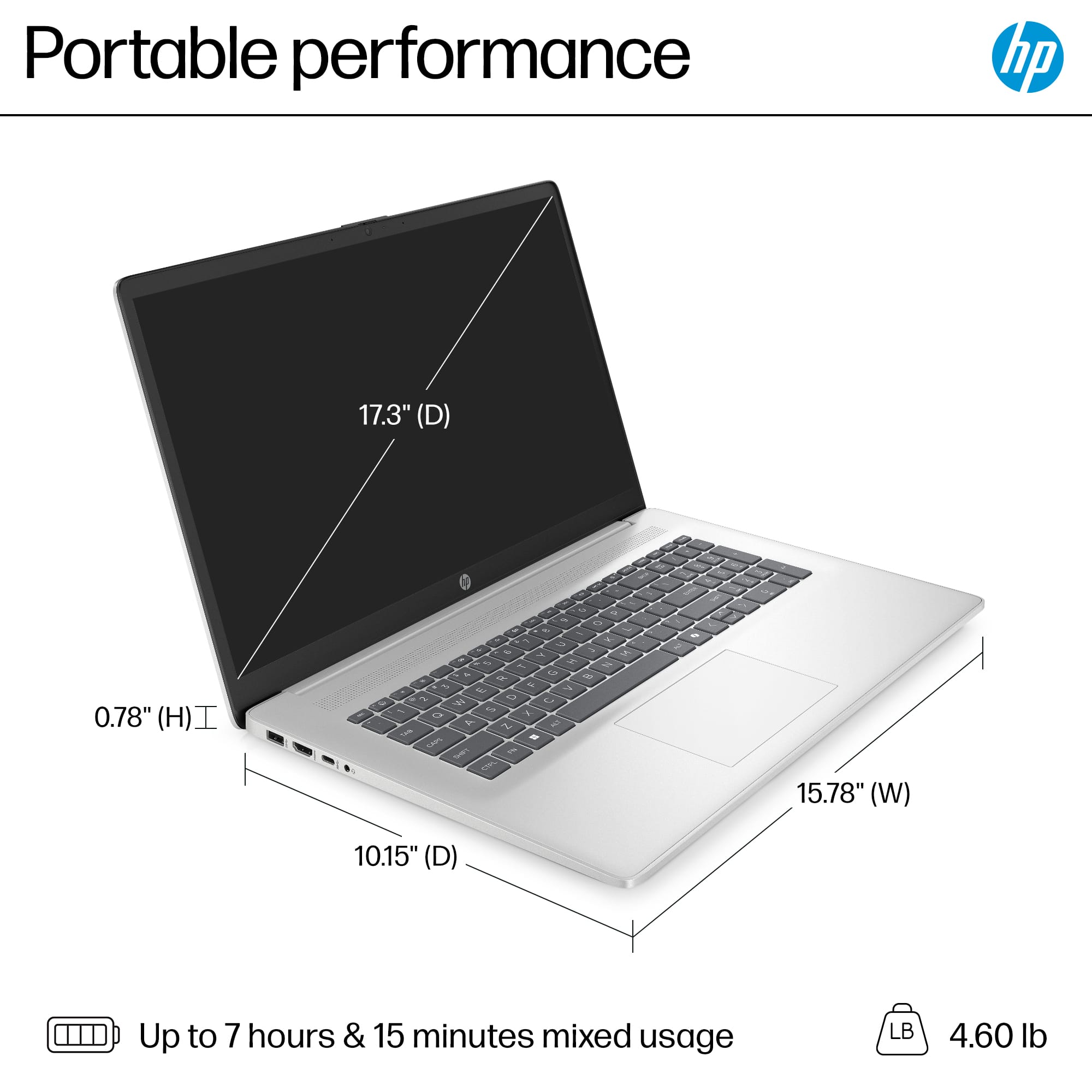 Portable performance HP 17.3" (D) - 0.78" (H) - 15.78" (W) - Up to 7 hours & 15 minutes mixed usage - 4.60 lb.