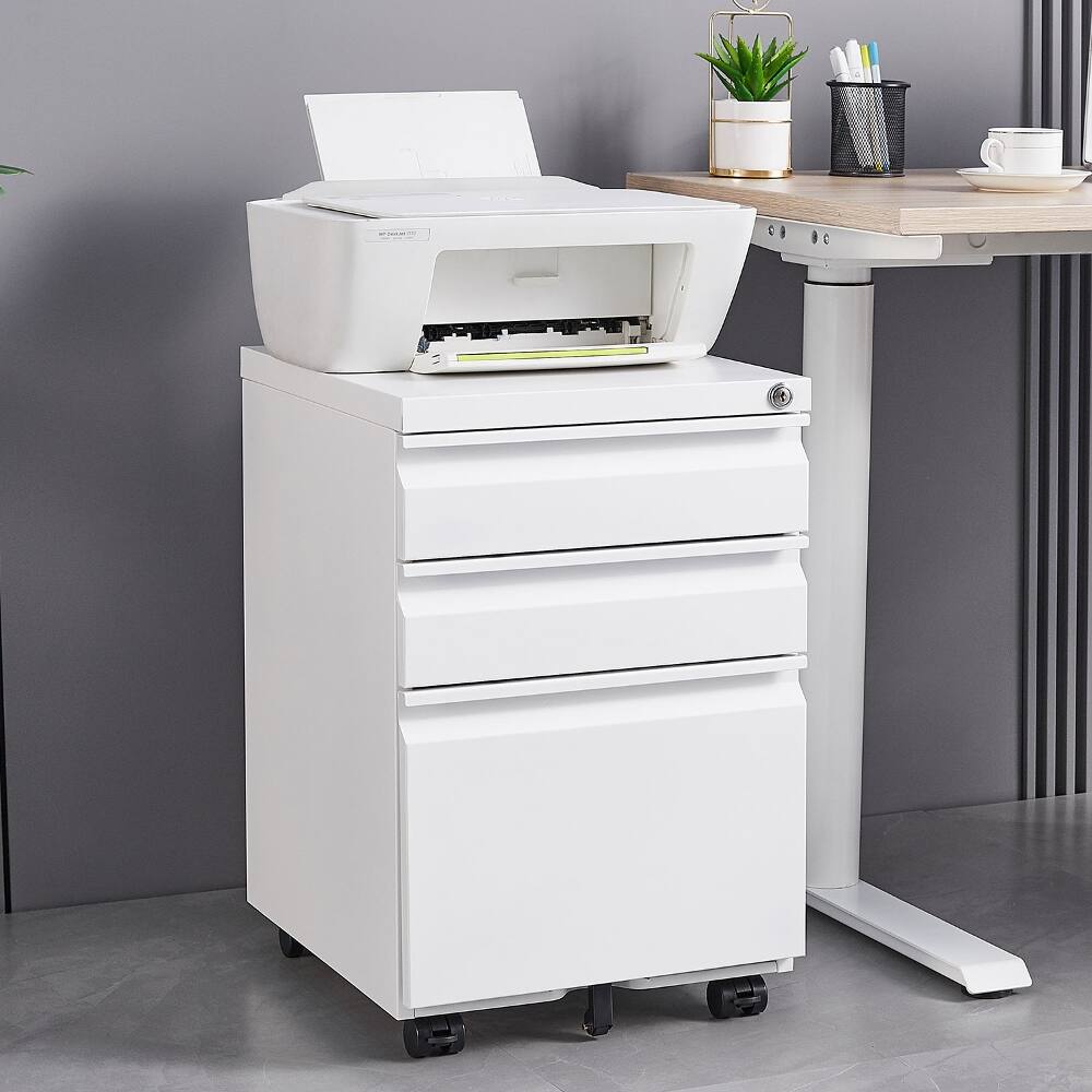 Angle. Loheer - Loheer 3-Drawer Mobile Filing Cabinet White Metal File Cabinet with Lock Under Desk Storage for Legal Letter A4.