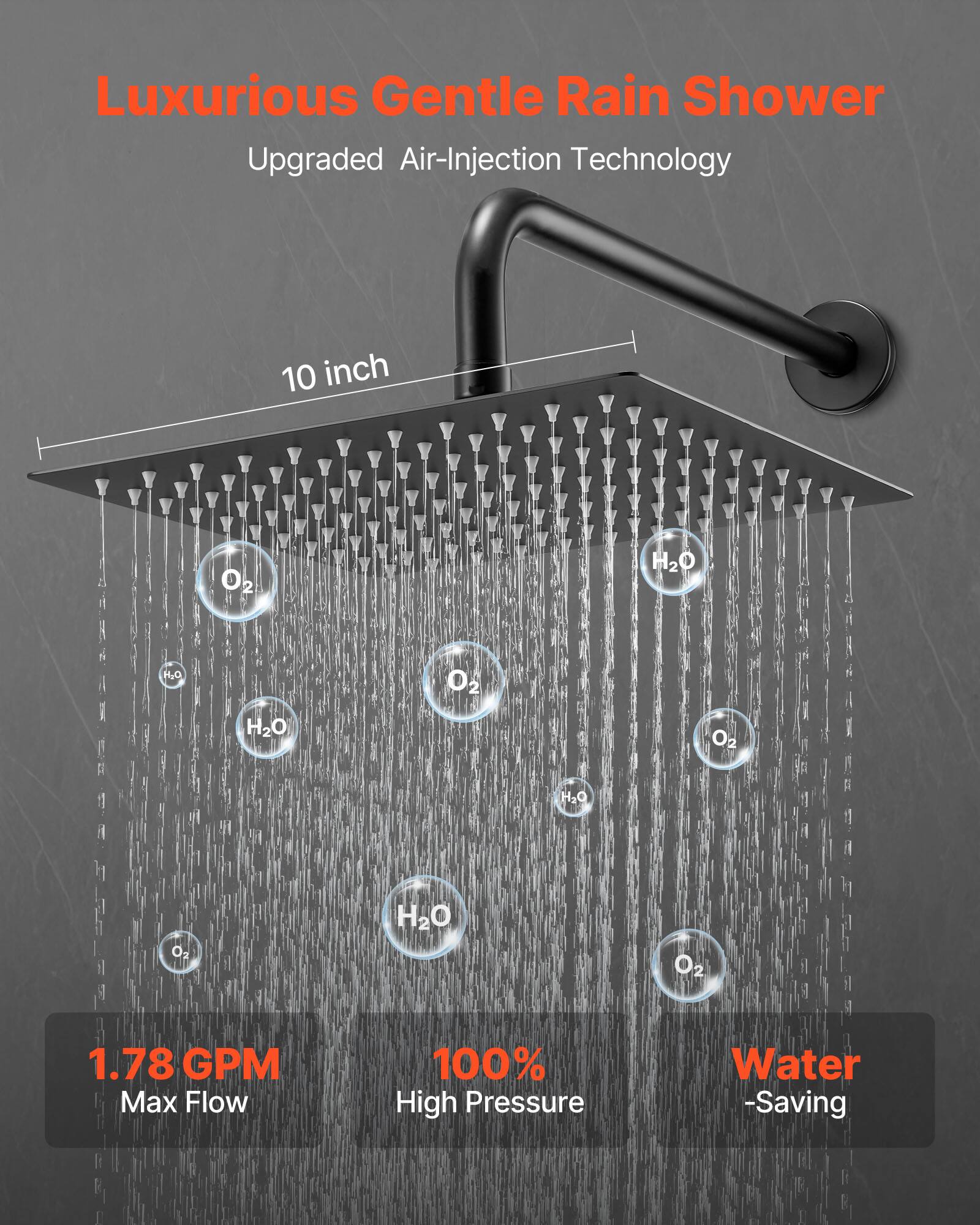 Luxurious Gentle Rain Shower, Upgraded Air-Injection Technology, 10 inch, O2, H2O, H2O, O2, H2O, O2, H2O, O2, H2O, 1.78 GPM Max Flow, 100% High Pressure, Water -Saving