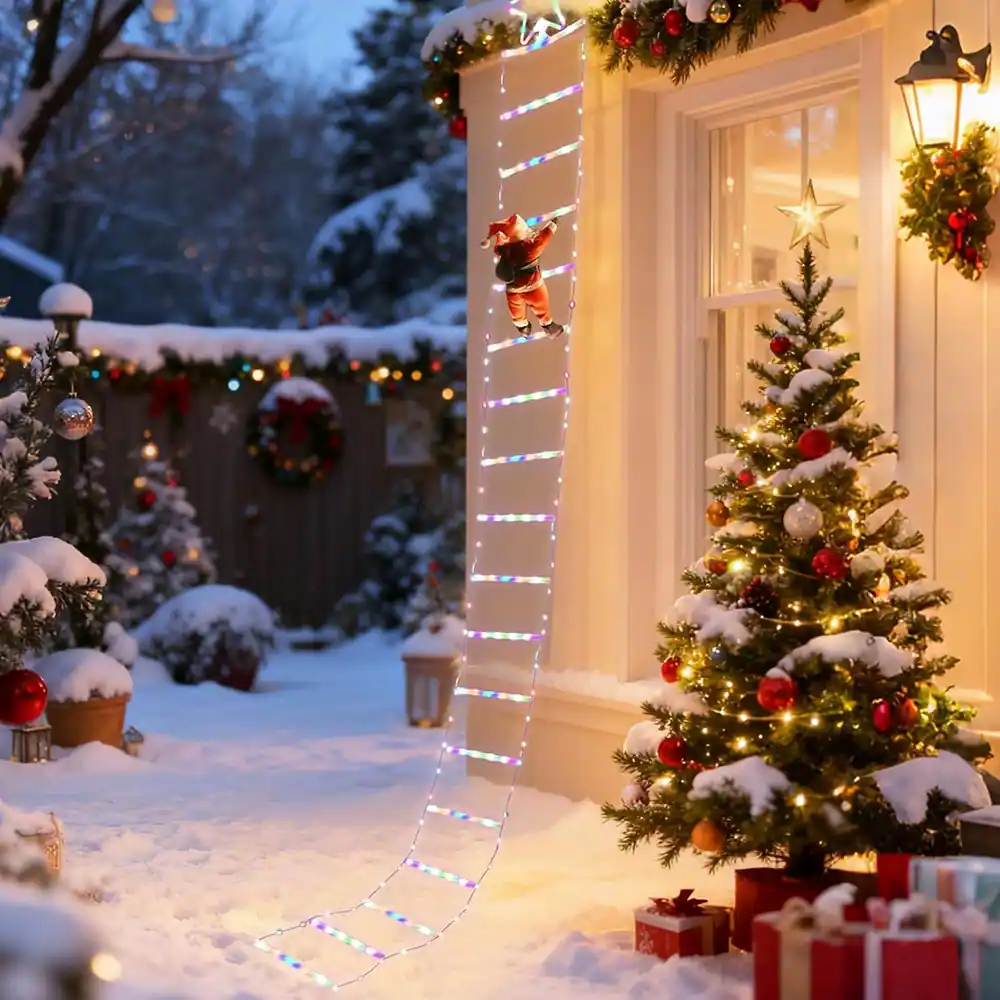 Alt View 1. MOSZAR LLC - 10 ft Electric Santa Climbing Ladder with LED Lights – Waterproof Christmas Decor - Multicolor.