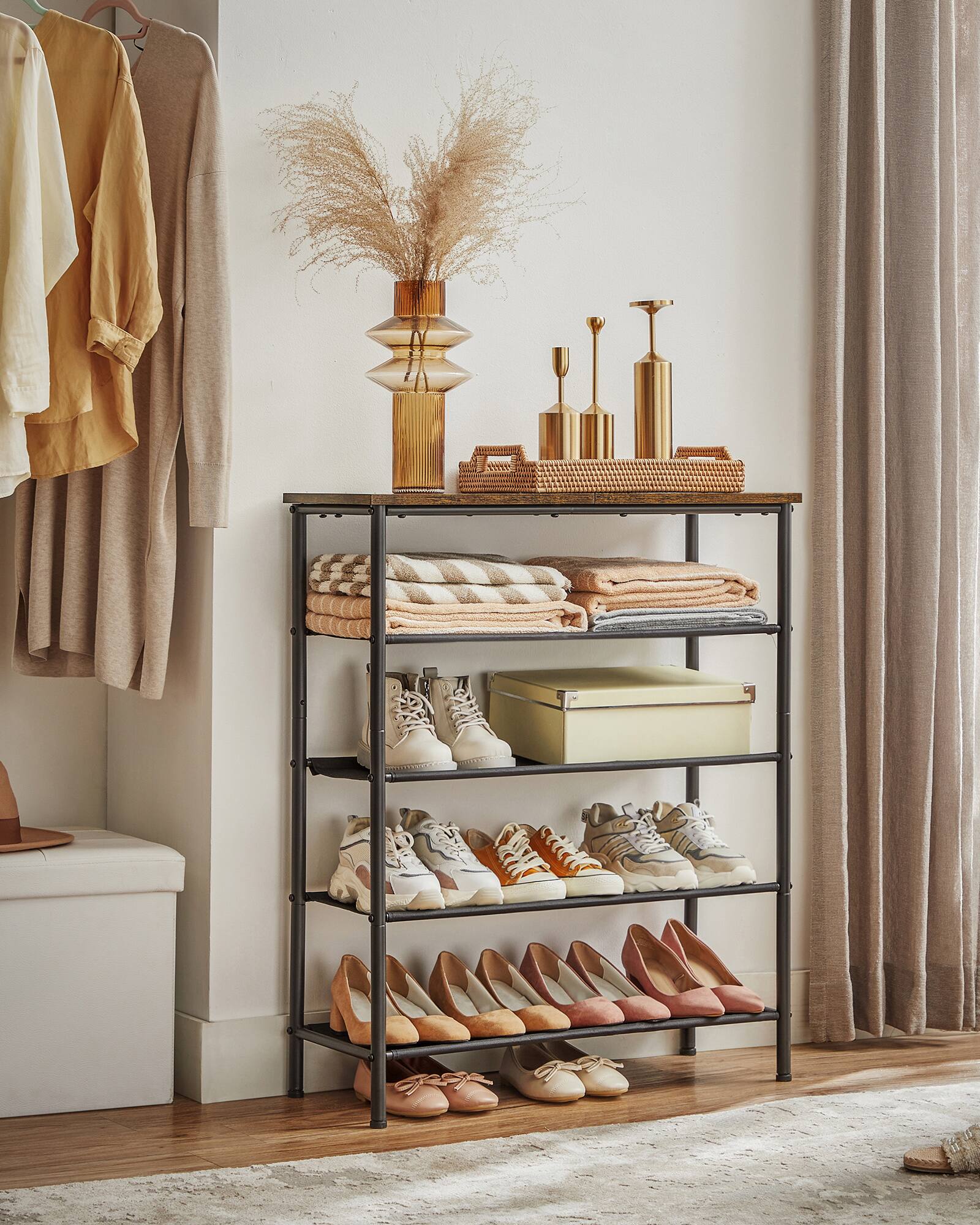 Left. Songmics Home - Shoe Rack, 5 Tier Shoe Storage Rack for 12-16 Pairs of Shoes, Shoe Organizer for Entryway - Rustic Brown and Black.