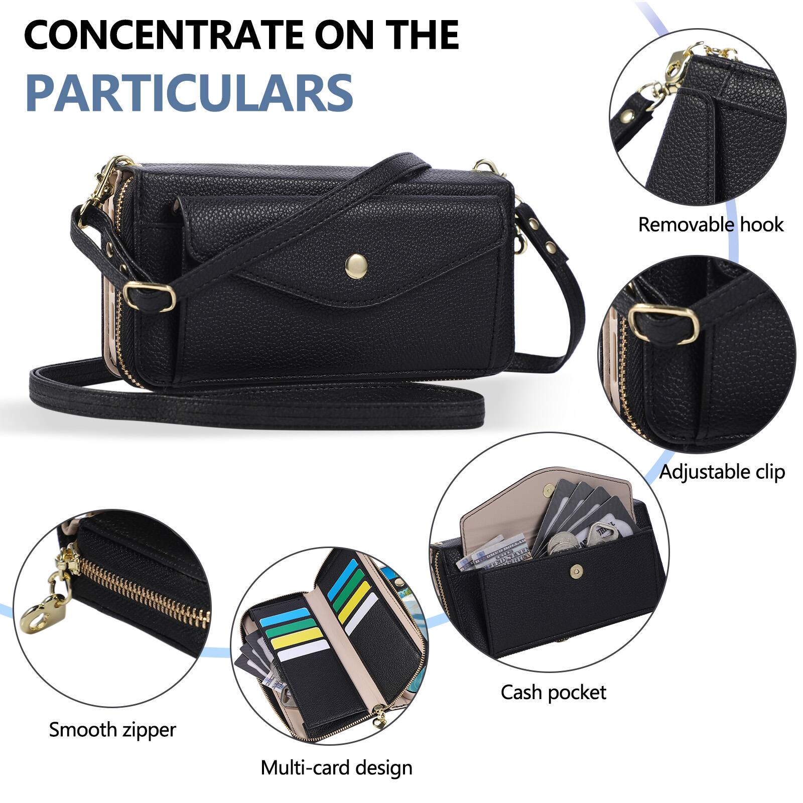 CONCENTRATE ON THE PARTICULARS

- Removable hook
- Adjustable clip
- Smooth zipper
- Multi-card design
- Cash pocket