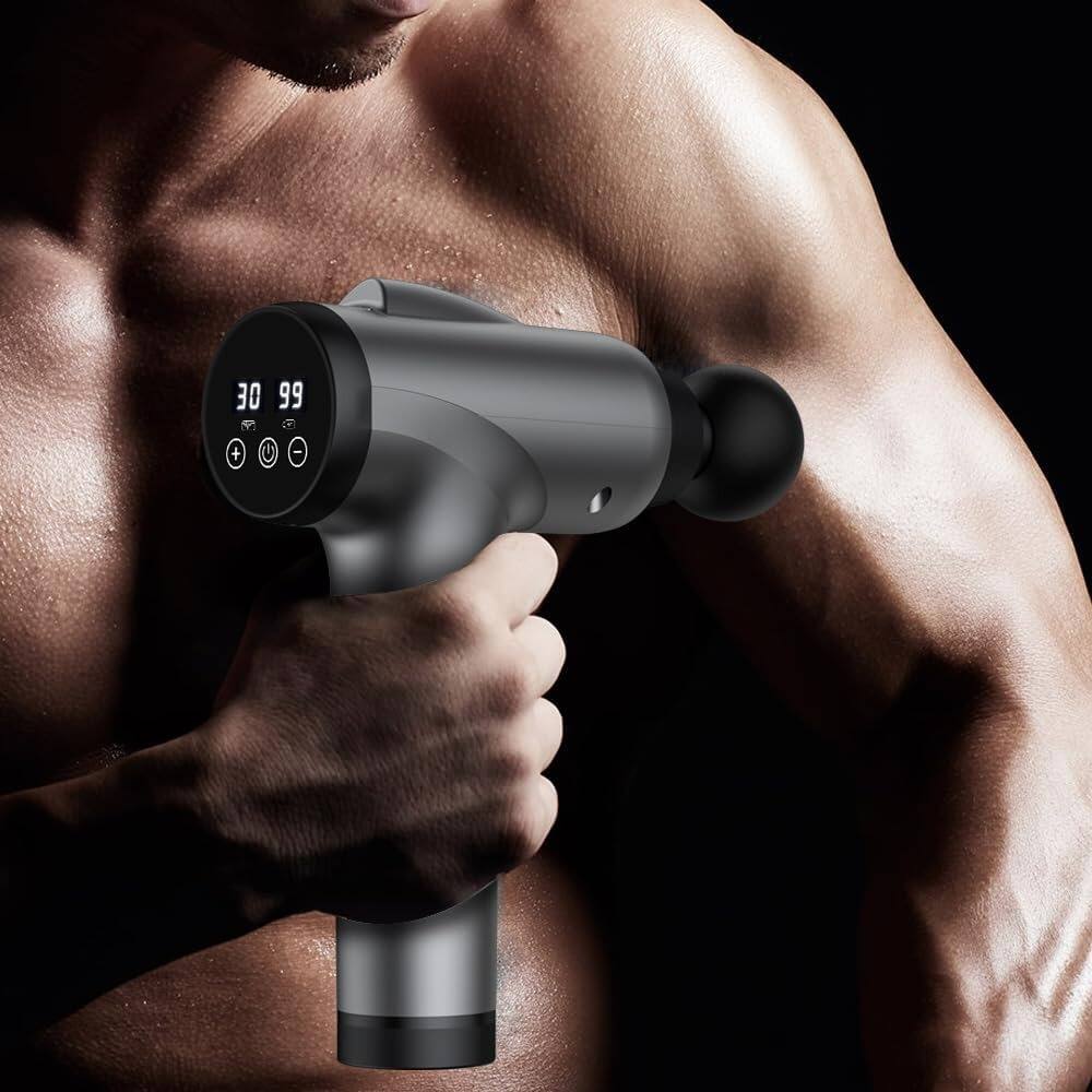 Left. Schertz - Deep-Tissue Massage Gun, Handheld Electric Percussion with 9 Heads & 30 Speeds, Grey.