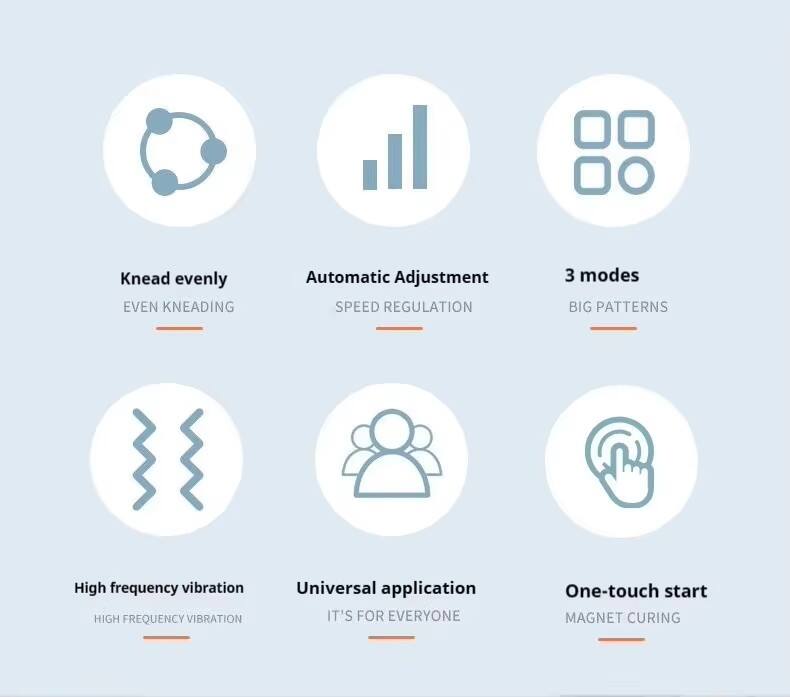 - Knead evenly
  - EVEN KNEADING

- Automatic Adjustment
  - SPEED REGULATION

- 3 modes
  - BIG PATTERNS

- High frequency vibration
  - HIGH FREQUENCY VIBRATION

- Universal application
  - IT'S FOR EVERYONE

- One-touch start
  - MAGNET CURING