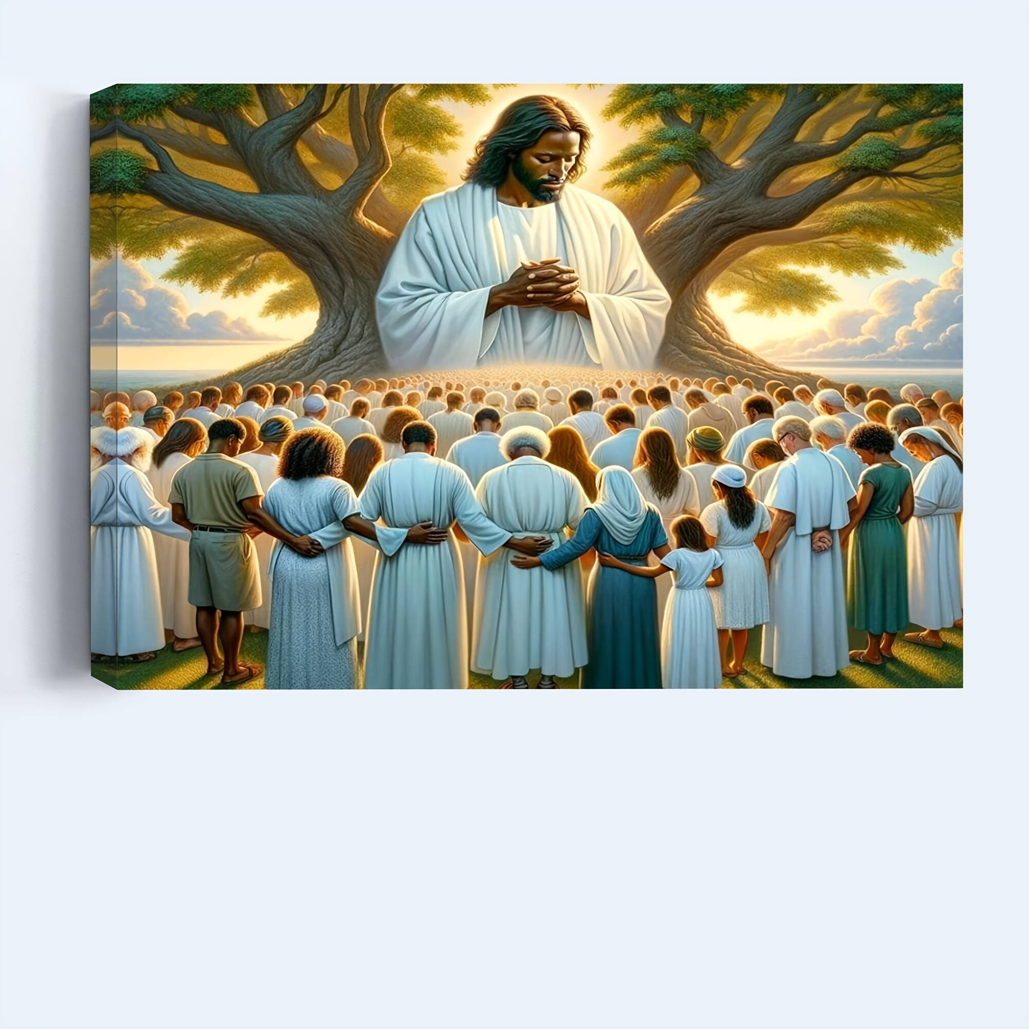 Alt View 2. blue - 1 Piece Wood Frame Canvas Painting, Black Jesus, African American Christian Jesus Bless Us, Framed Wall Art Print, Suit - Color:24*16inch.
