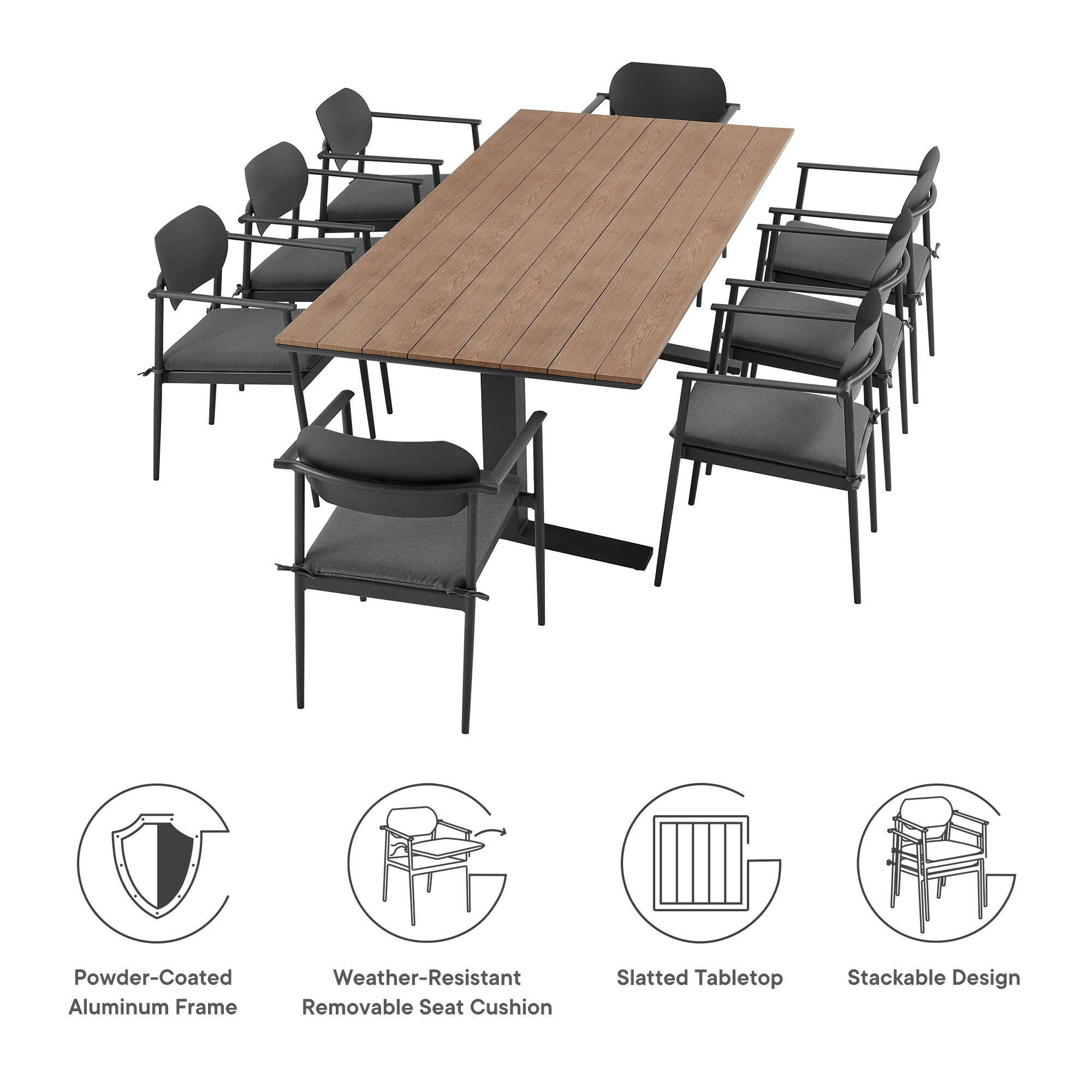 Powder-Coated Weather-Resistant Aluminum Frame, Removable Seat Cushion, Slatted Tabletop, Stackable Design