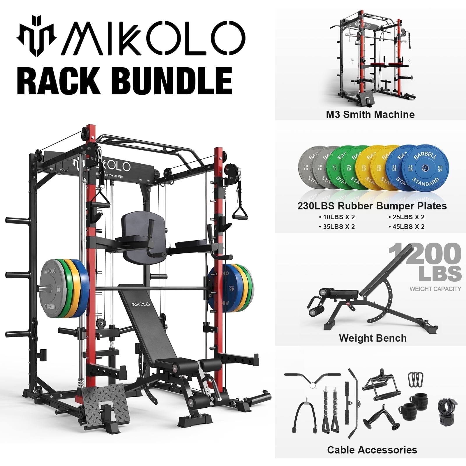 MIKOLLO RACK BUNDLE
M3 Smith Machine
230LBS Rubber Bumper Plates
- 10LBS x 2
- 25LBS x 2
- 35LBS x 2
- 45LBS x 2
1200 LBS WEIGHT CAPACITY
Weight Bench
Cable Accessories