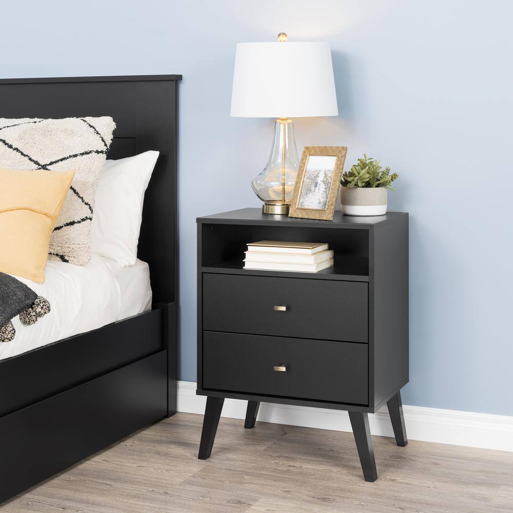 Back. Prepac - Milo Mid Century Modern 2-drawer Tall Nightstand with Open Shelf, Black - Black.