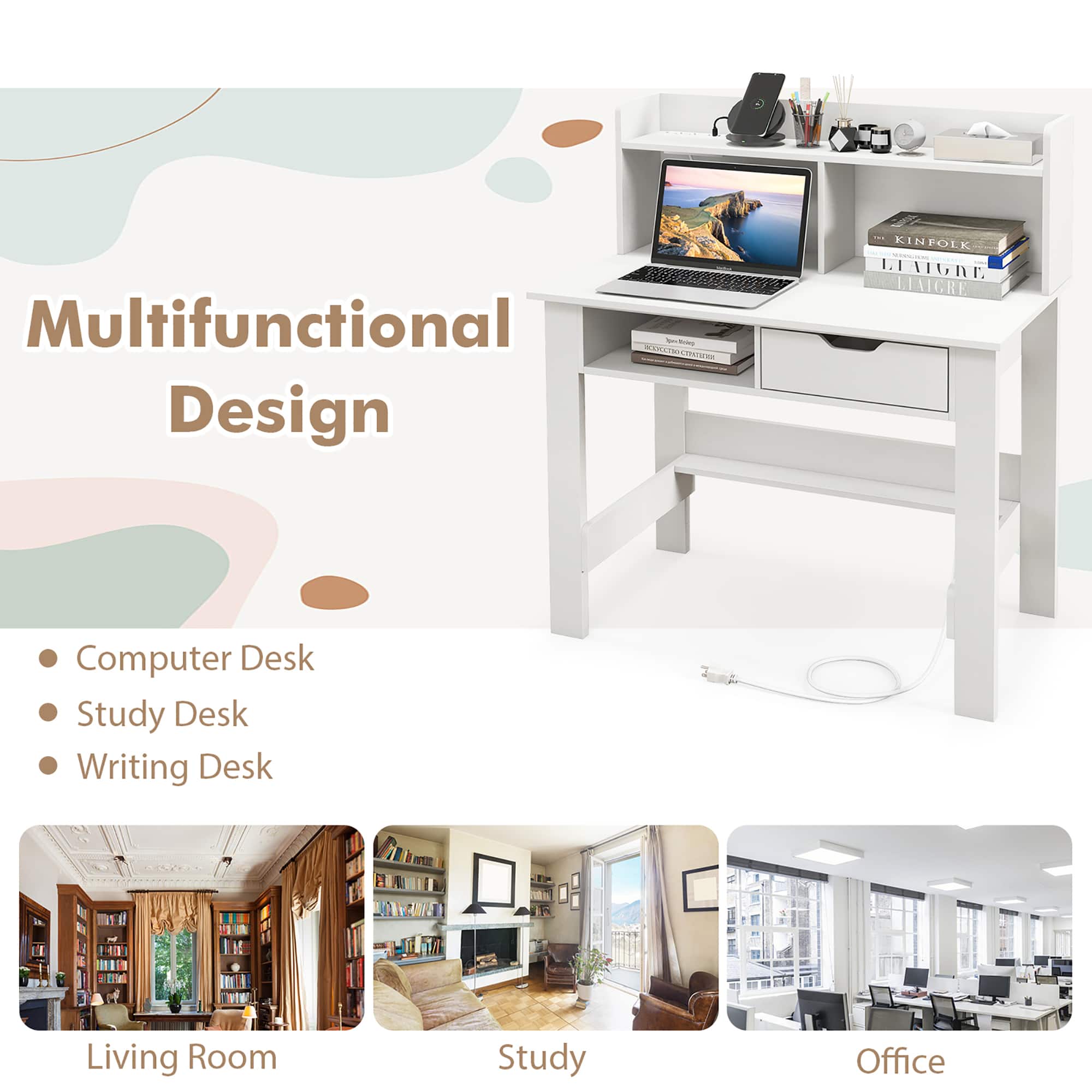Gymax Computer Desk w/ Power Outlets & USB Ports & Type C Study