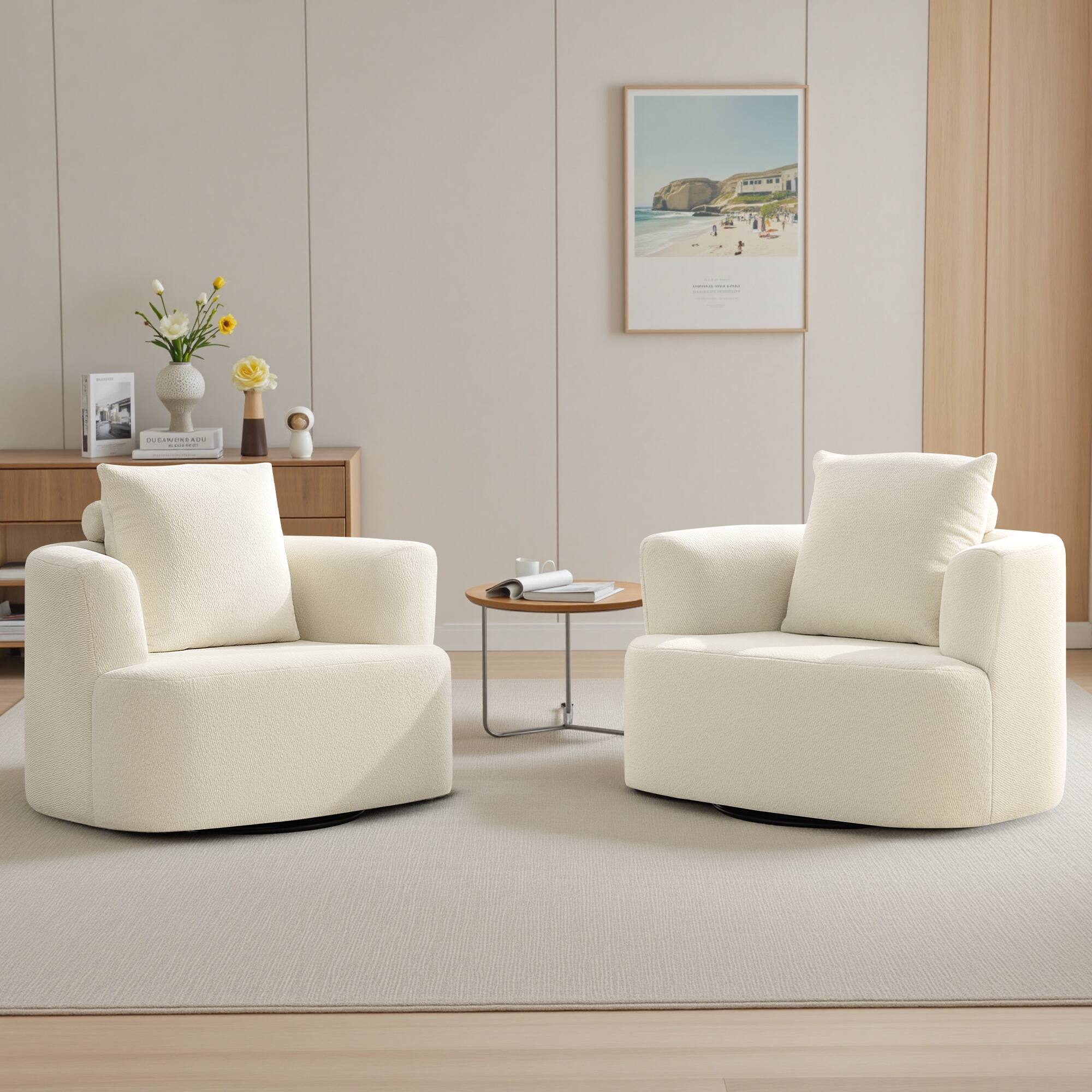 Alt View 7. Brick Attic - 41"W Upholstered Lounge Swivel Chair with Pillow, Padded Swivel Lounge Chair, 360° Rotating Armchair - Beige.