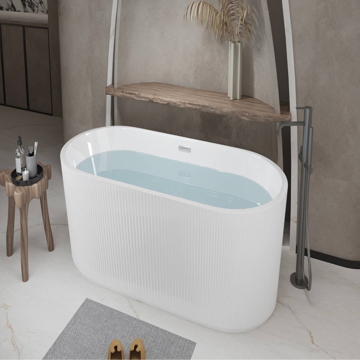 Alt View 6. Loheer - Loheer 67 Inch Freestanding Acrylic Bathtub Gloss White Oval Soaking Tub with Center Drain and Chrome Overflow - Gloss White.
