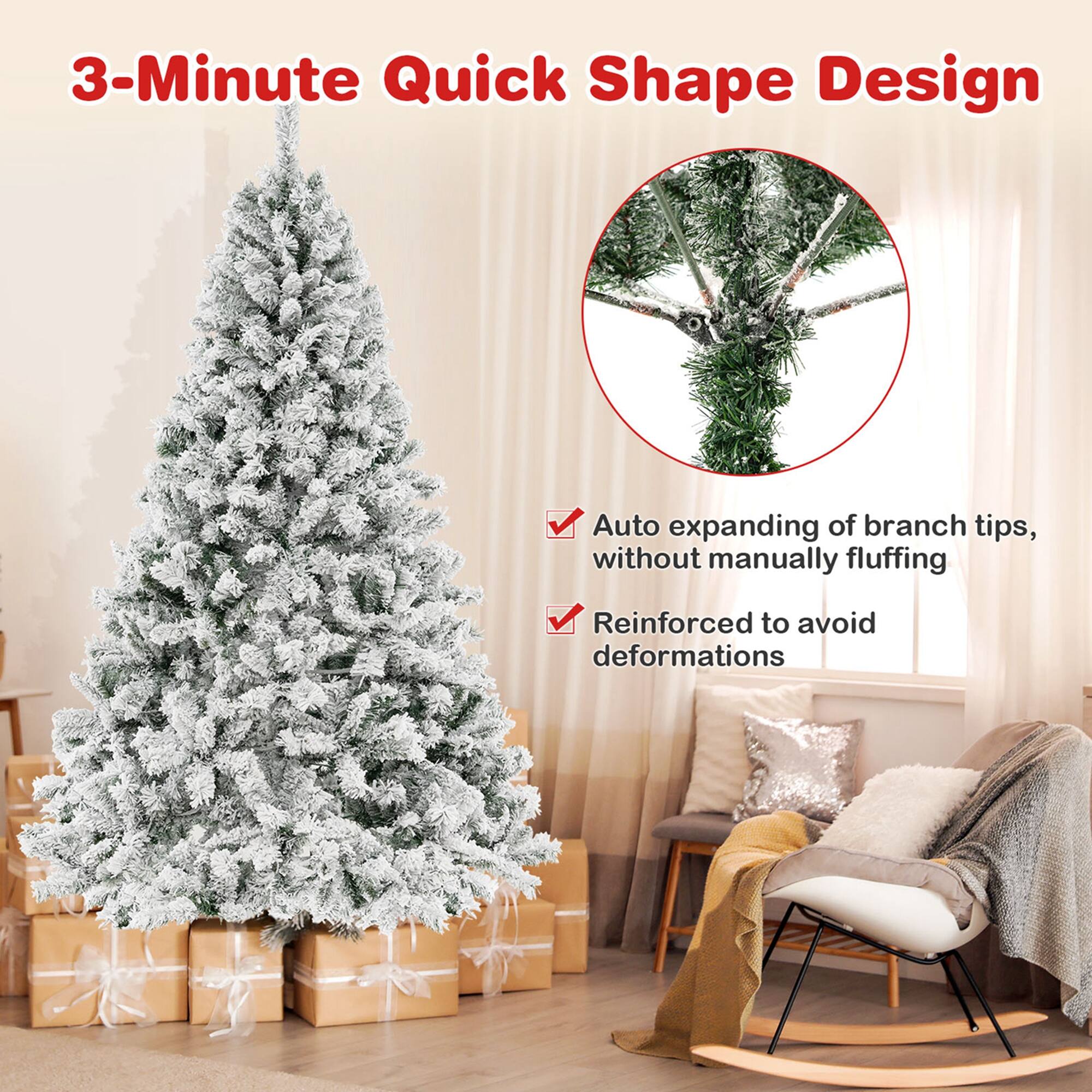 The text on the image reads: "3-Minute Quick Shape Design Auto expanding of branch tips, without manually fluffing Reinforced to avoid deformations."