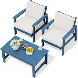 SERWALL - HDPE Outdoor Furniture Set, 3 Piece Outdoor Sofa Set, Havy-duty Weatherproof HDPE Frame with Wood-Like Texture - Blue/Khaki