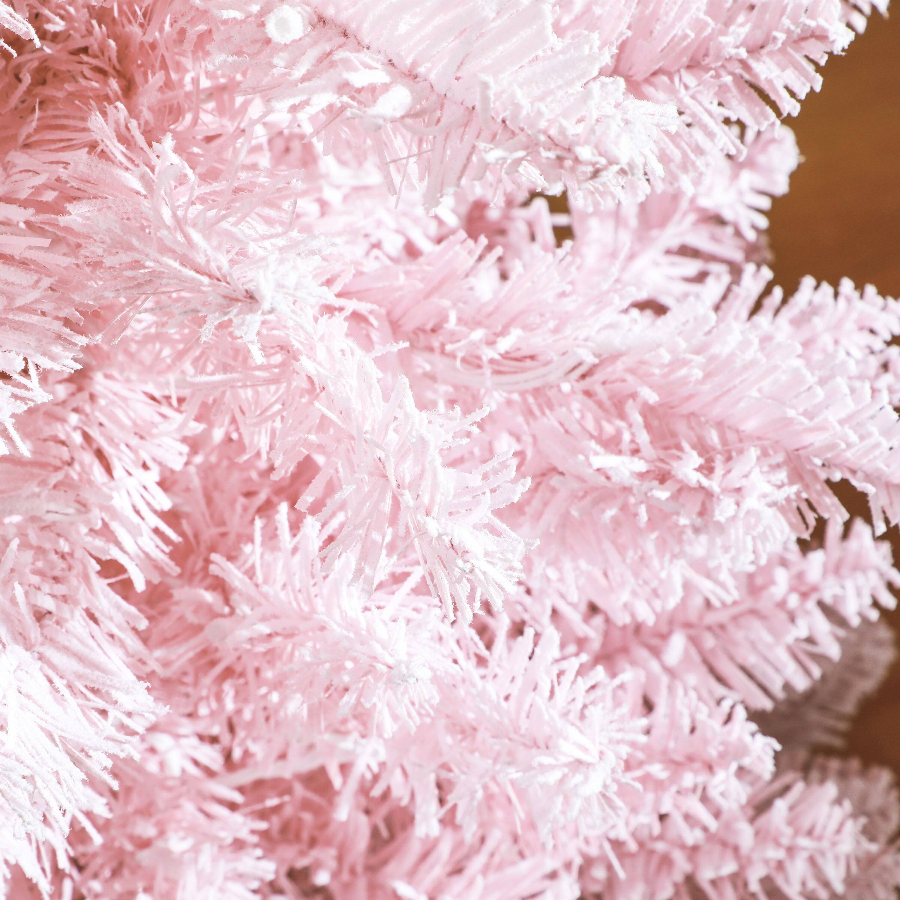 Back. BreeBe - 5 ft Tall Pre-Lit Slim Noble Fir Artificial Christmas Tree with 160 Warm White LED Lights and 294 Tips - Pink.