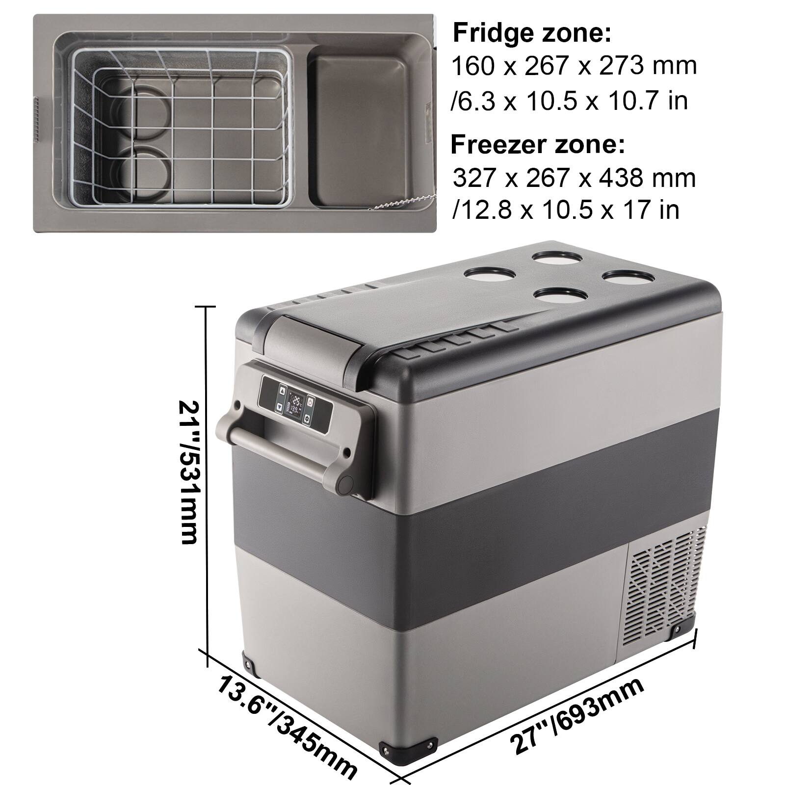 Fridge zone: 160 x 267 x 273 mm / 6.3 x 10.5 x 10.7 in  
Freezer zone: 327 x 267 x 438 mm / 12.8 x 10.5 x 17 in  

Dimensions:  
- Width: 21 1/3 in / 541 mm  
- Height: 13.6 in / 345 mm  
- Depth: 27 in / 693 mm