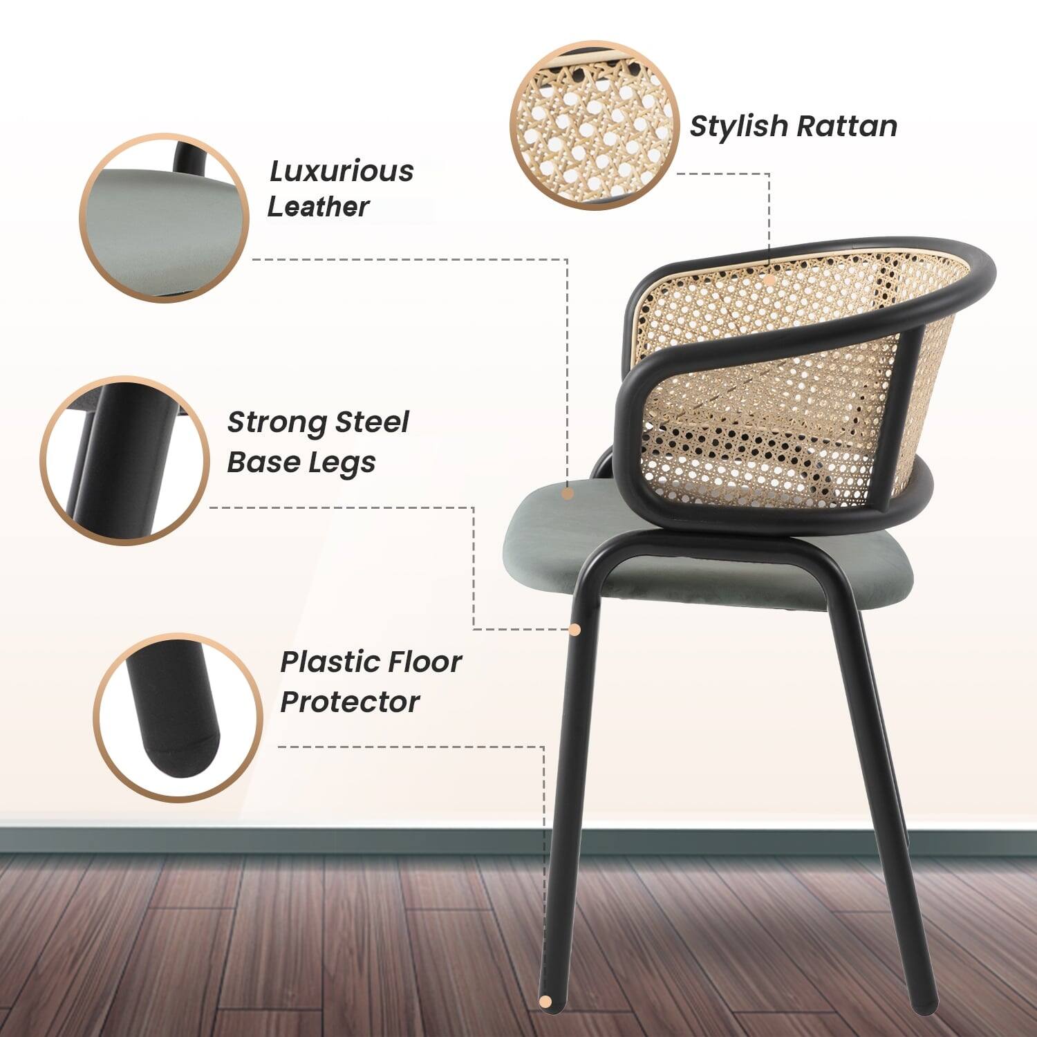 Luxurious Leather, Stylish Rattan, Strong Steel Base Legs, Plastic Floor Protector