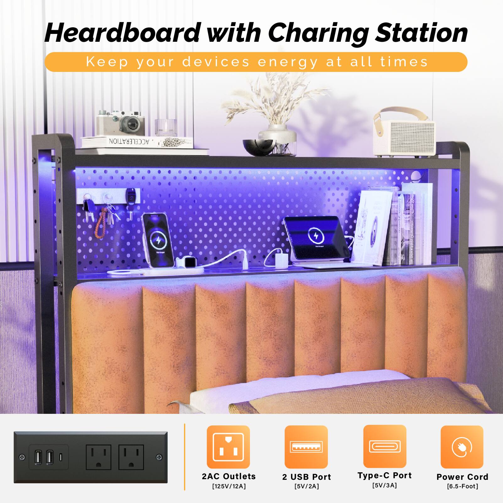 Heardboard with Charging Station  
Keep your devices energy at all times  

- 2AC Outlets [125V/12A]  
- 2 USB Port [5V/2A]  
- Type-C Port [5V/3A]  
- Power Cord [6.5-Foot]