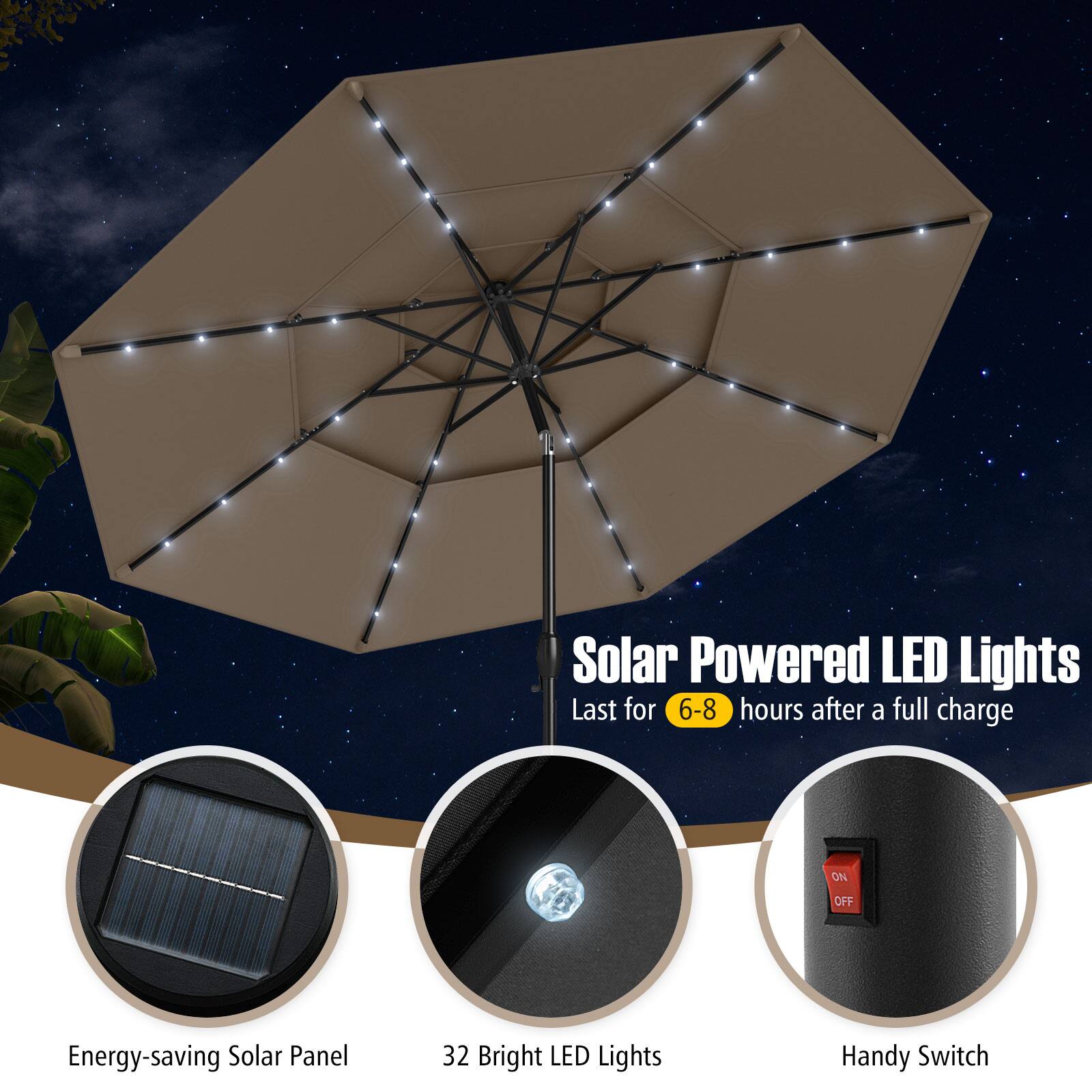 Solar Powered LED Lights, Last for 6-8 hours after a full charge, Energy-saving Solar Panel, 32 Bright LED Lights, Handy Switch