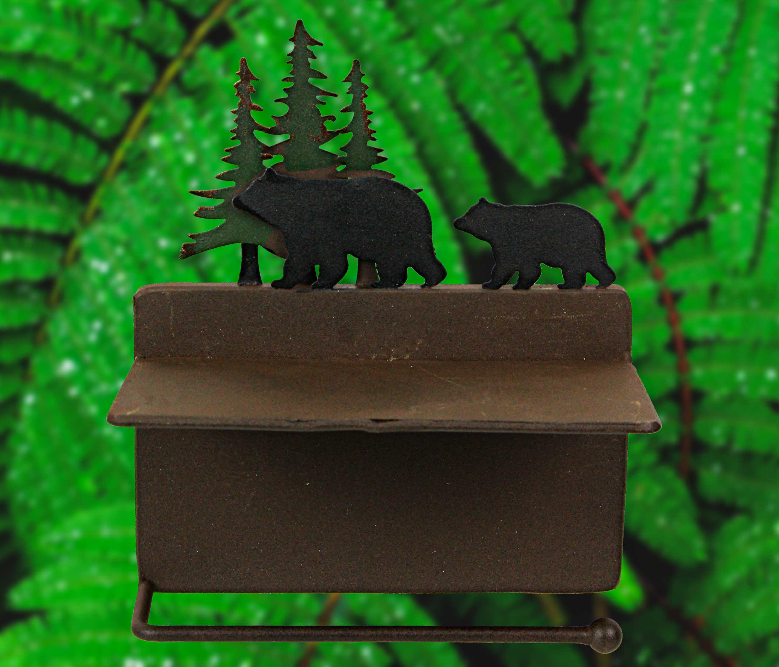 Alt View 3. Mayrich Company - Rustic Brown Painted Metal Walking Bear Toilet Paper Roll Holder With Phone Shelf - Multicolored.
