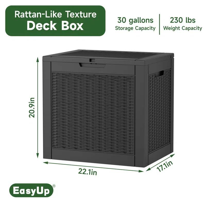 Rattan-Like Texture Deck Box

30 gallons Storage Capacity

230 lbs Weight Capacity

20.9in x 22.1in x 17.1in

EasyUp