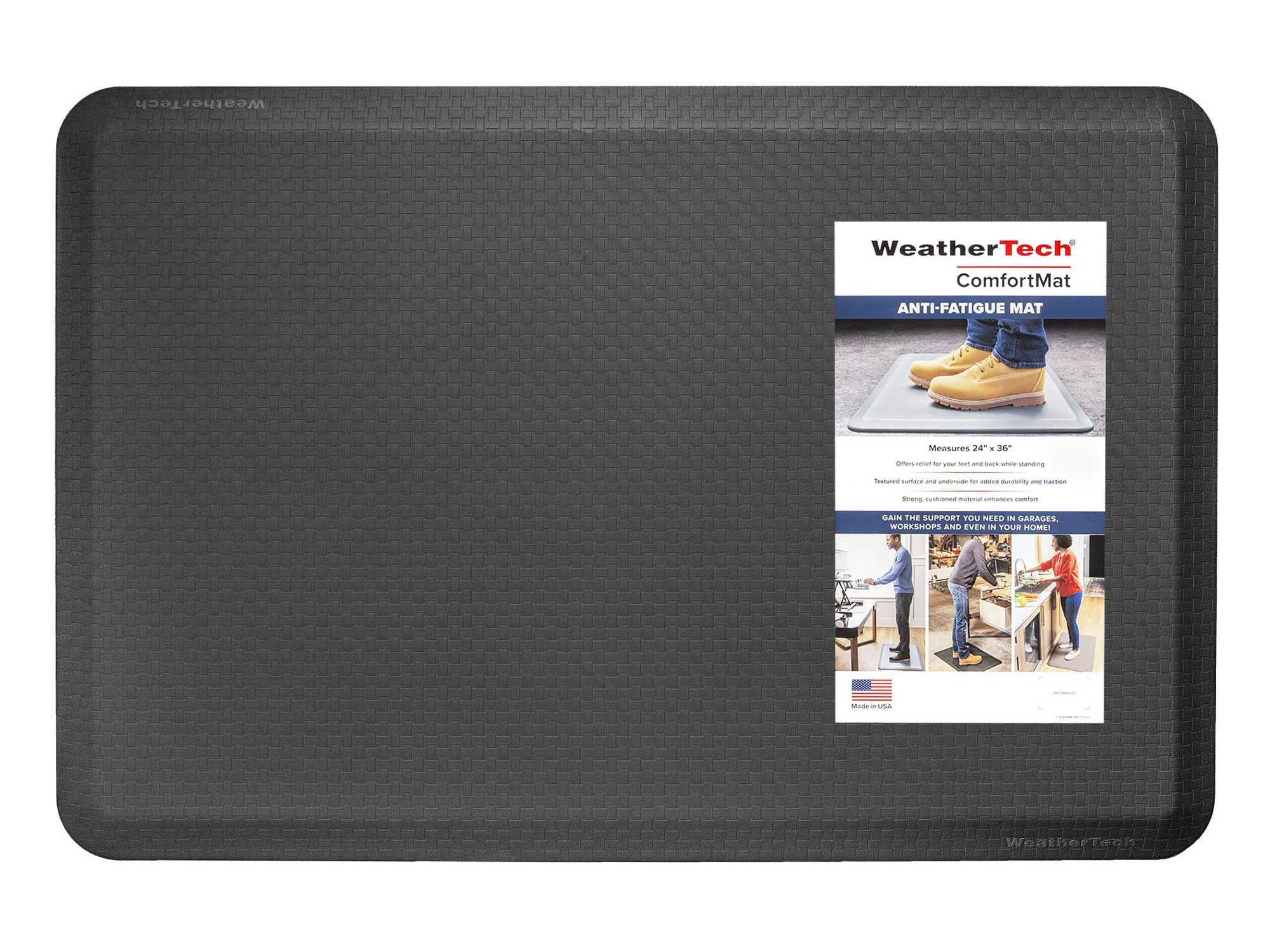 WeatherTech  
ComfortMat ANTI-FATIGUE MAT  
Measures 24" x 36"  
Centers numbent they's your - - DOCK white Manding  
Vuraturation surfaee - underside - sauce dirabooks - Messoss  
ENTRITTING rushioned INFORIENT enhances REMERNITIONES:  
GAIN THE SUPPORT YOU NEED IN GARAGES, WORKSHOPS AND EVEN IN YOUR HOME!  
Made in USA  
WeatherTech