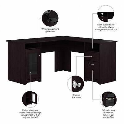 Wire management grommets  
Open cubby space with optional wire management punch out  
Chrome hardware  
Fluted glass door opens to reveal storage compartment with an adjustable shelf  
Full-extension drawer for letter, legal, and A4 files